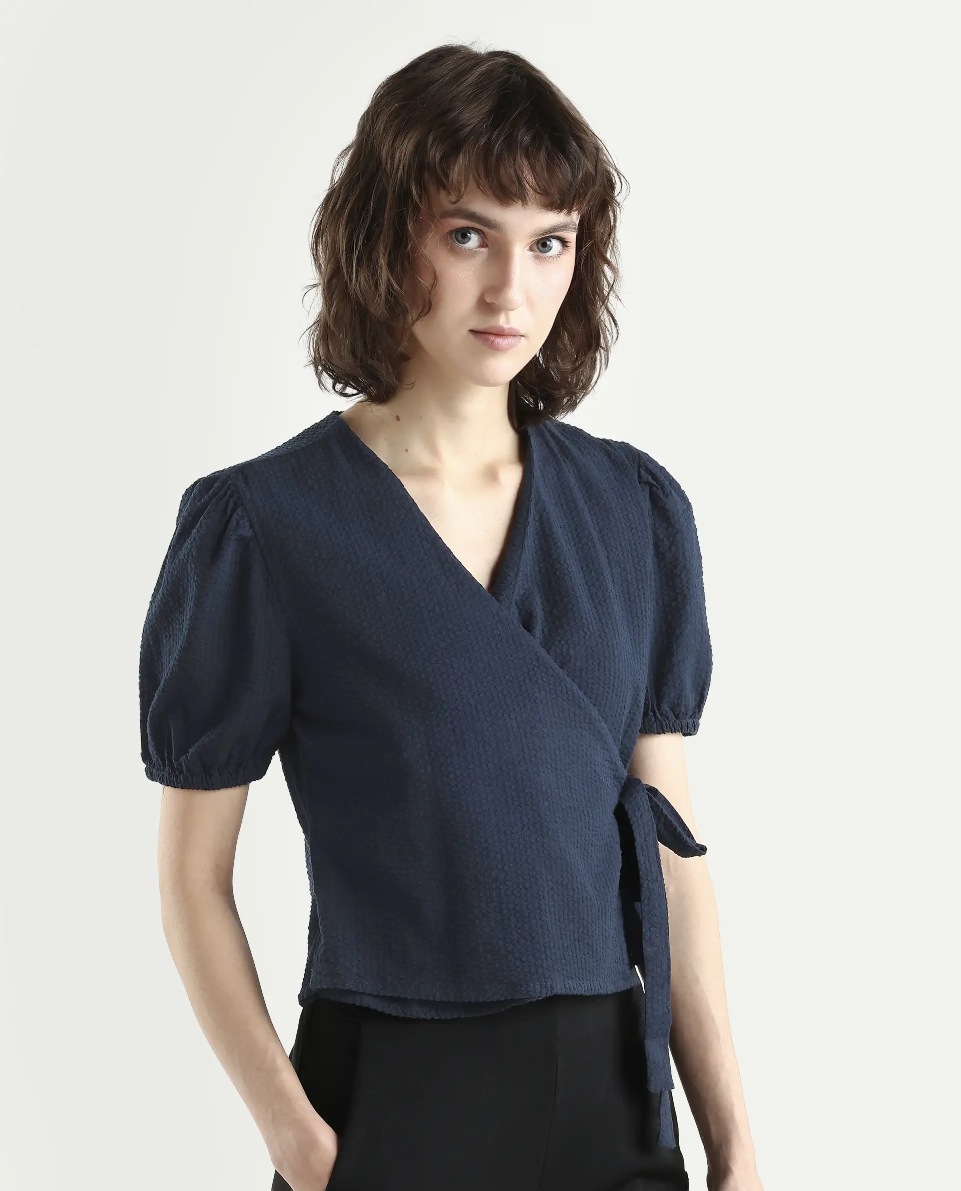 Rareism Women's Serem Navy Cotton V-Neck Plain Bishop Sleeve Regular Fit Top - Image 5