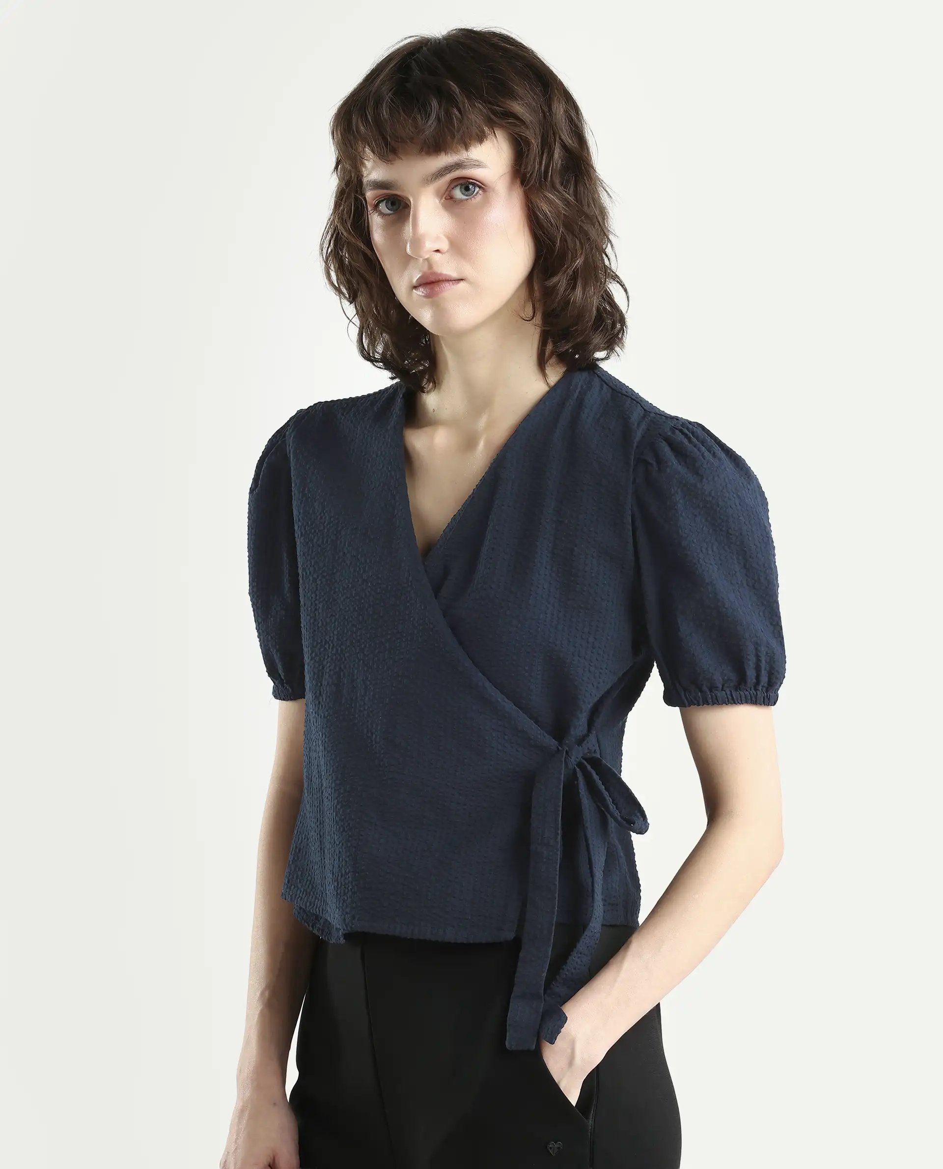 Rareism Women's Serem Navy Cotton V-Neck Plain Bishop Sleeve Regular Fit Top - Image 6