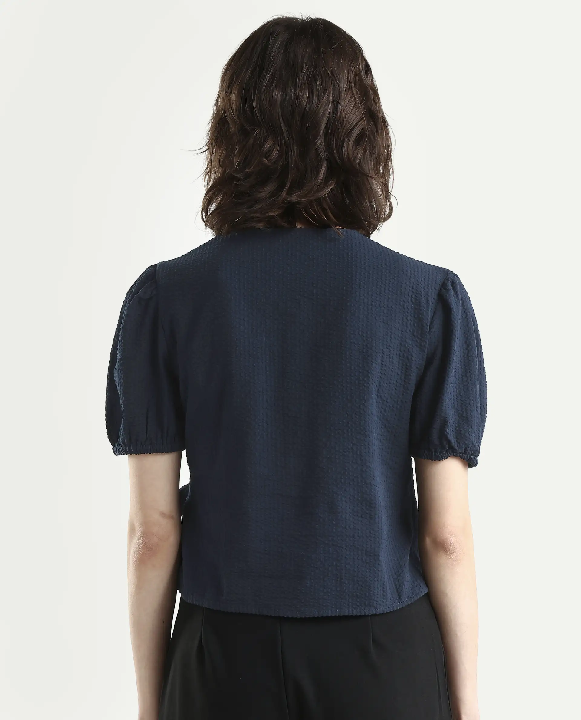 Rareism Women's Serem Navy Cotton V-Neck Plain Bishop Sleeve Regular Fit Top - Image 7