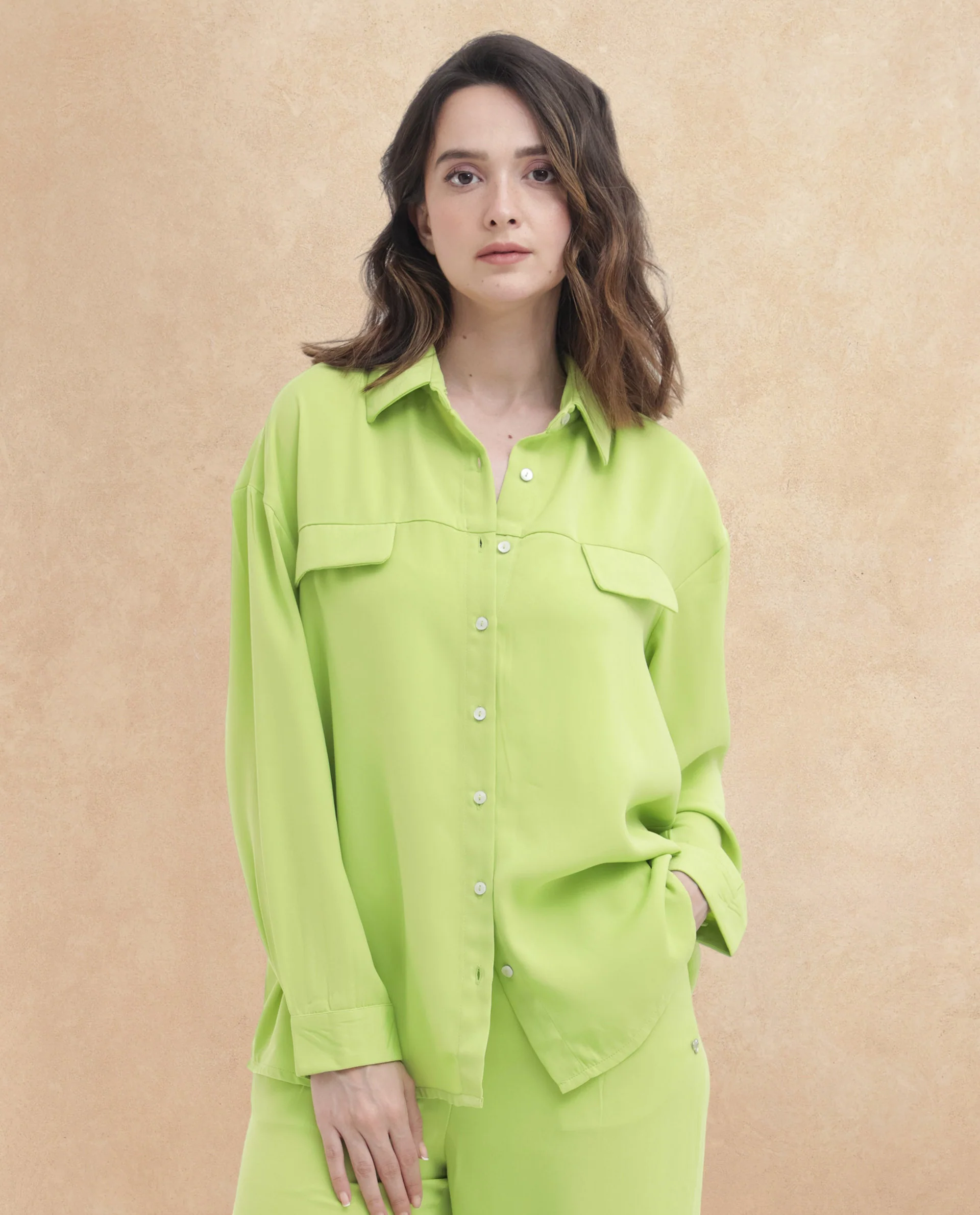 Rareism Women's Sergey-T Green Polyester Drop Collar Plain Cuffed Sleeve Regular Fit Top - Image 4