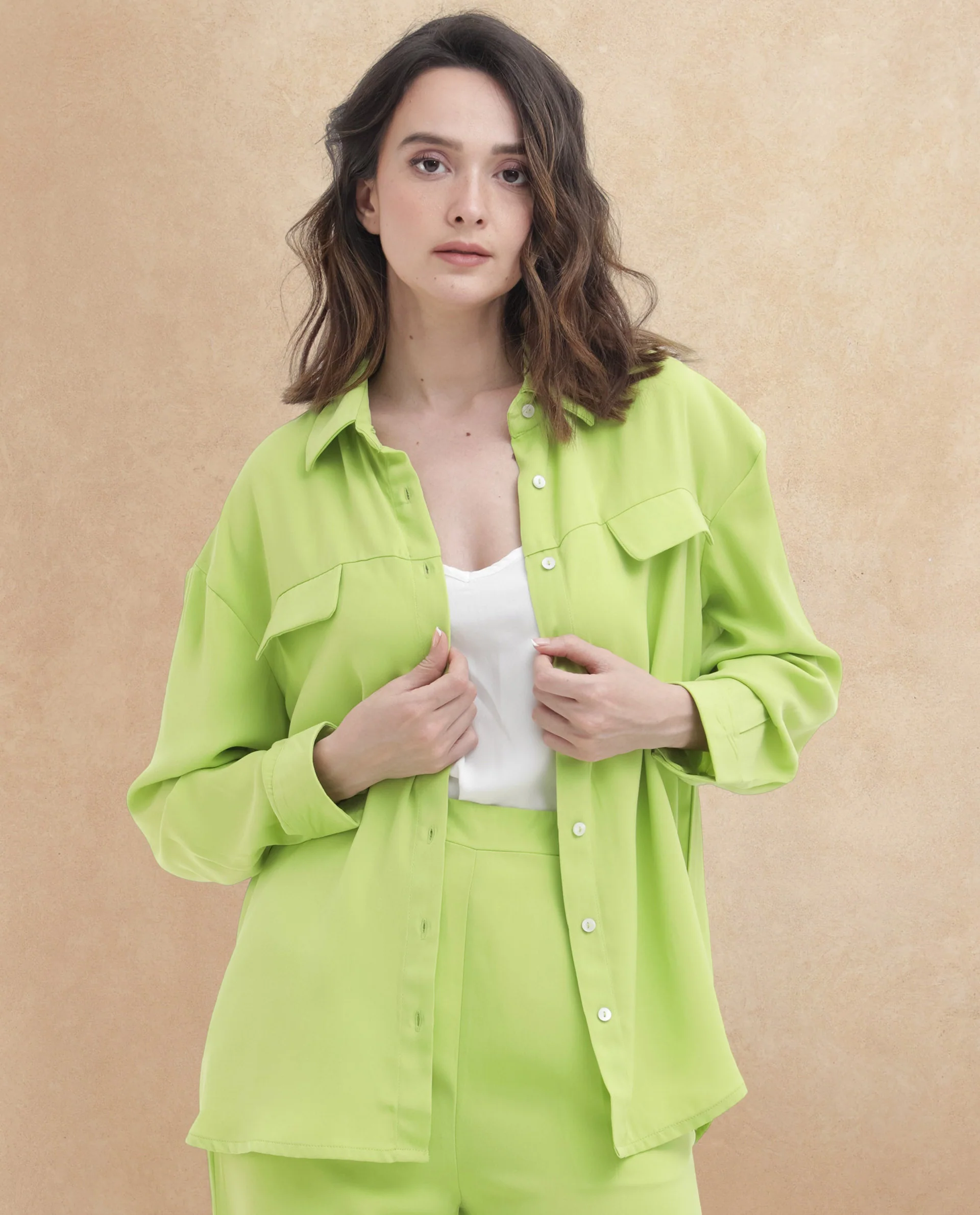 Rareism Women's Sergey-T Green Polyester Drop Collar Plain Cuffed Sleeve Regular Fit Top - Image 7
