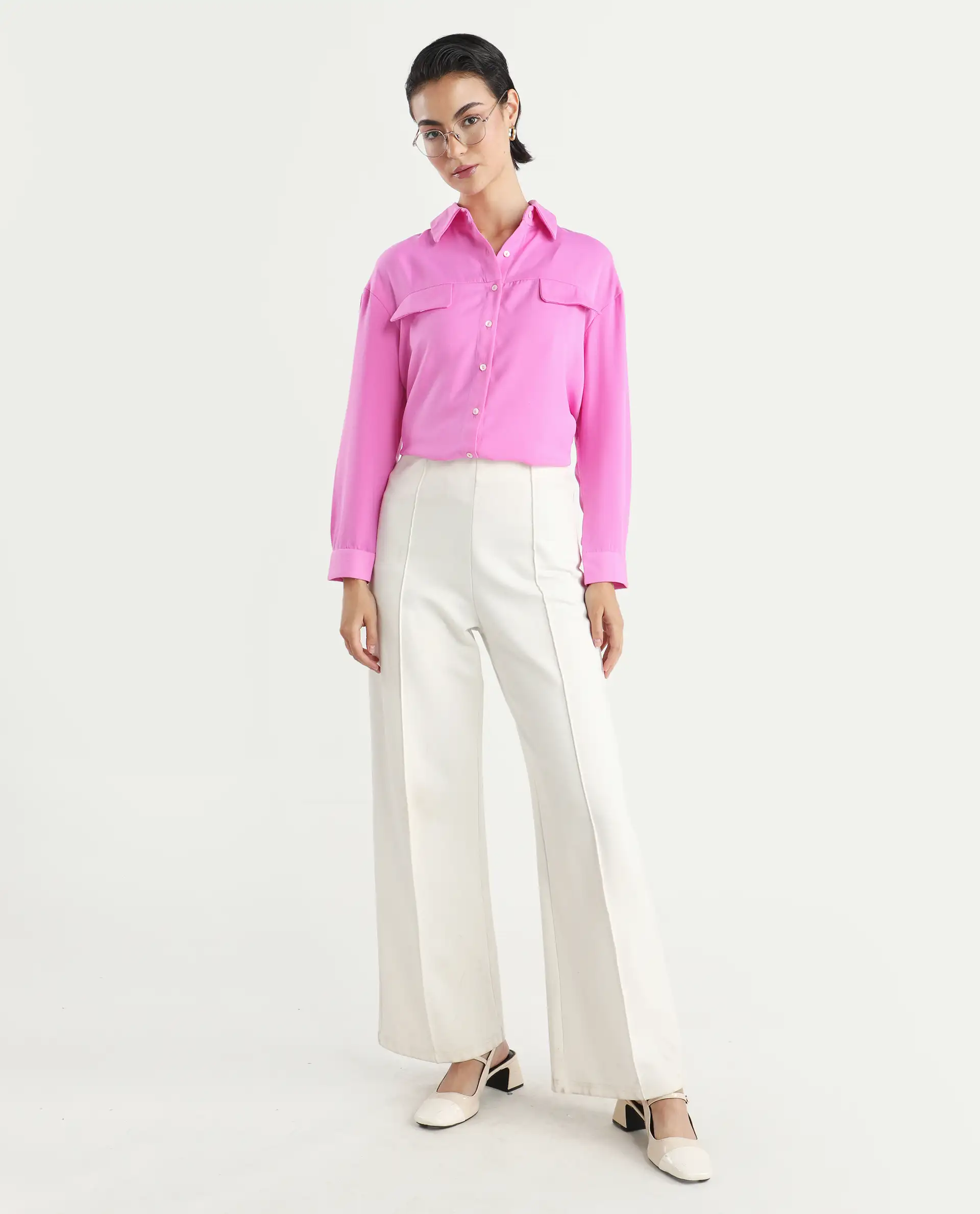Rareism Women's Sergey-T Pink Polyester Drop Collar Plain Cuffed Sleeve Regular Fit Top - Image 2