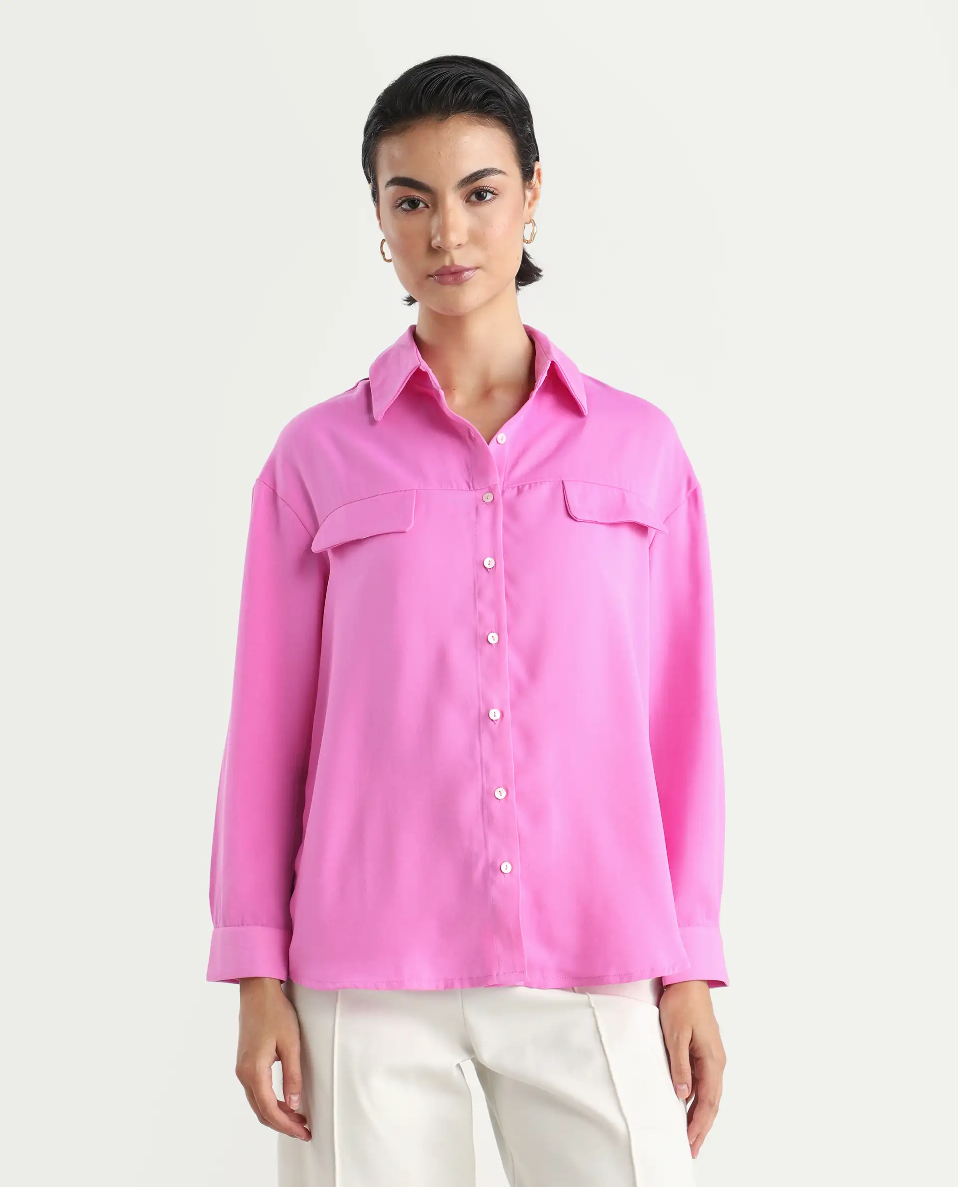 Rareism Women's Sergey-T Pink Polyester Drop Collar Plain Cuffed Sleeve Regular Fit Top - Image 3