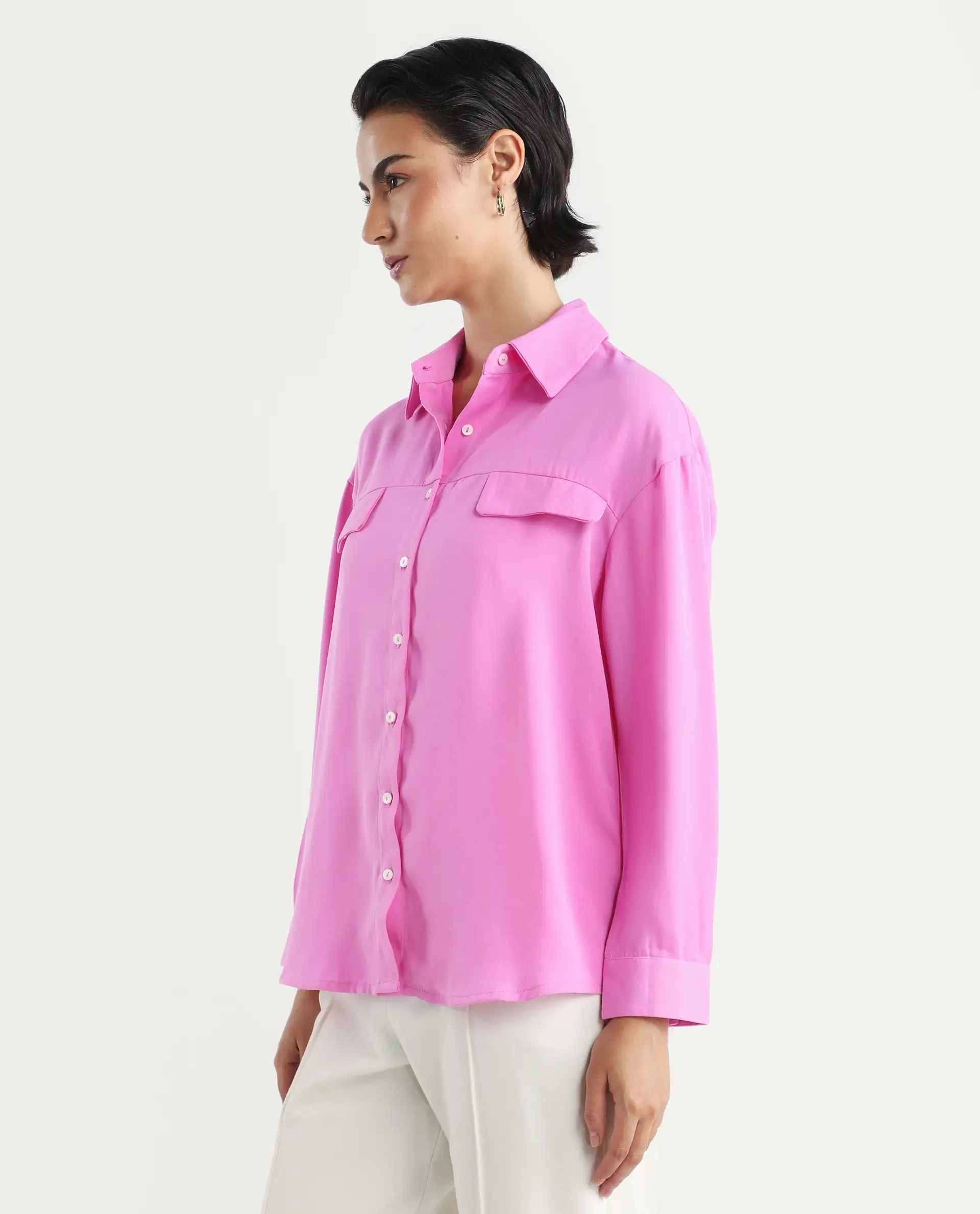 Rareism Women's Sergey-T Pink Polyester Drop Collar Plain Cuffed Sleeve Regular Fit Top - Image 5