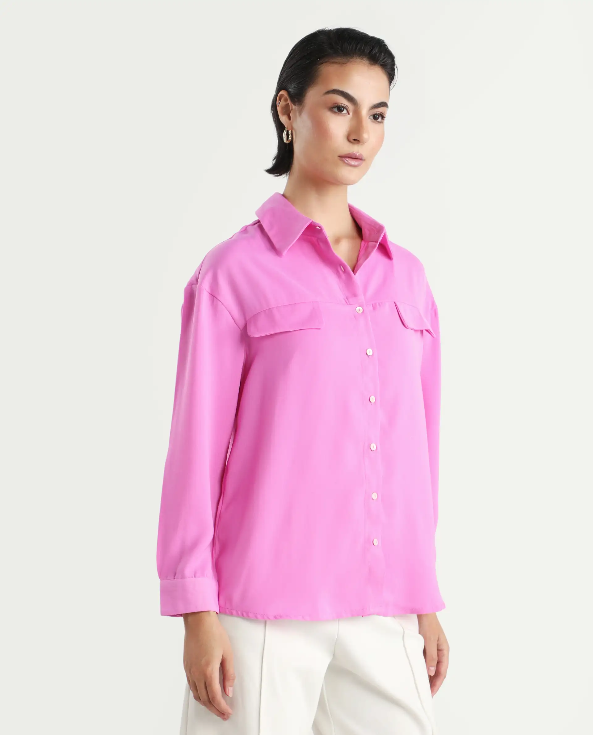 Rareism Women's Sergey-T Pink Polyester Drop Collar Plain Cuffed Sleeve Regular Fit Top - Image 6