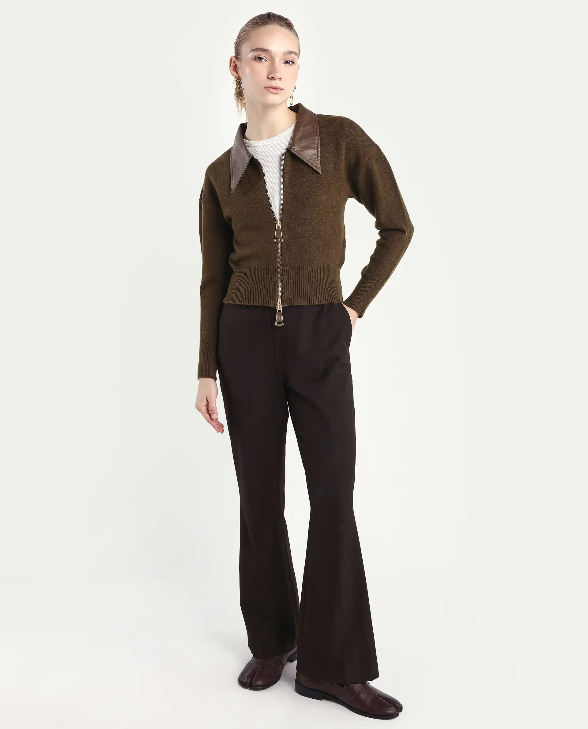 Rareism Women's Serpen Brown Drop Collar Plain Relaxed Fit Jacket - Image 2