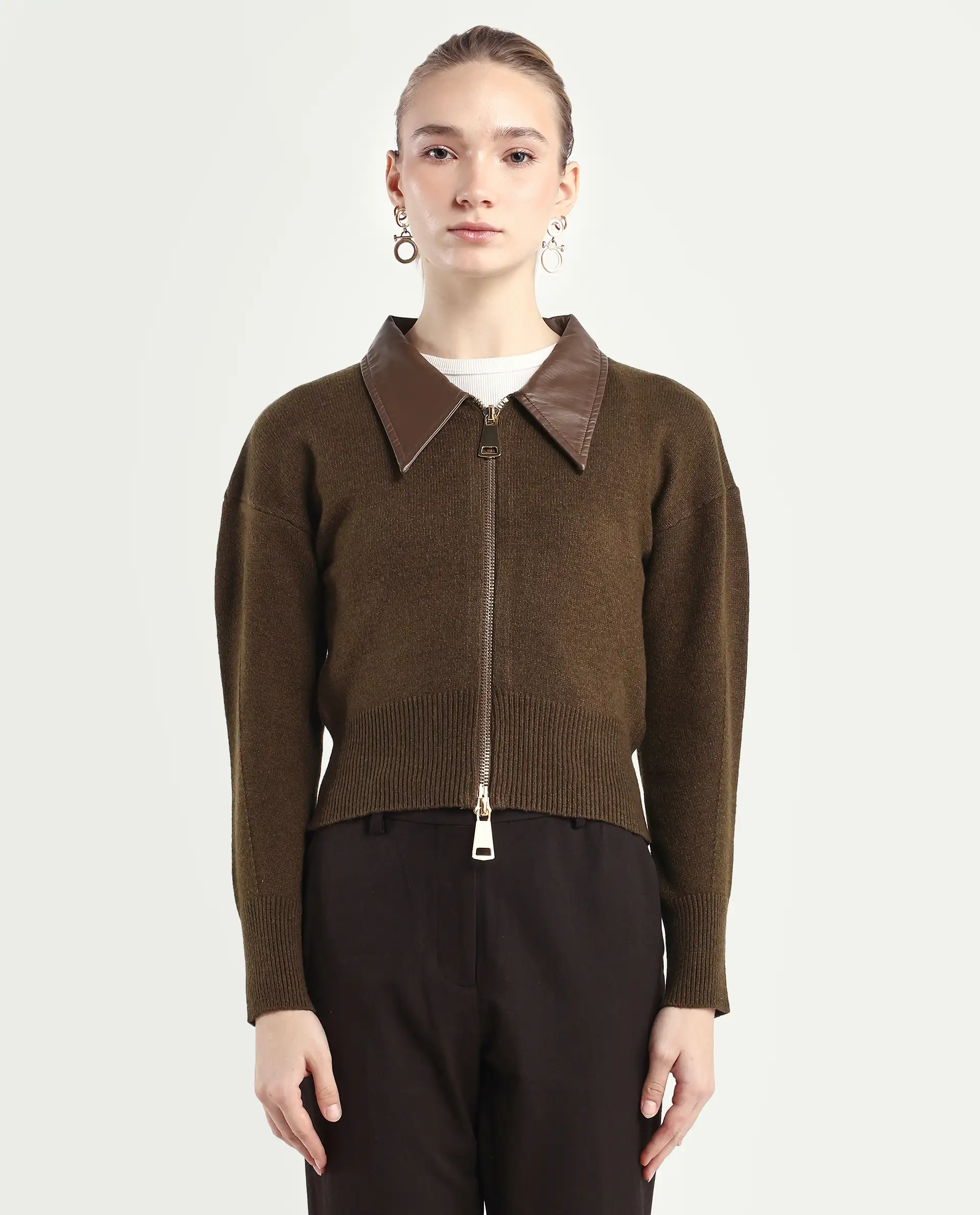 Rareism Women's Serpen Brown Drop Collar Plain Relaxed Fit Jacket - Image 3