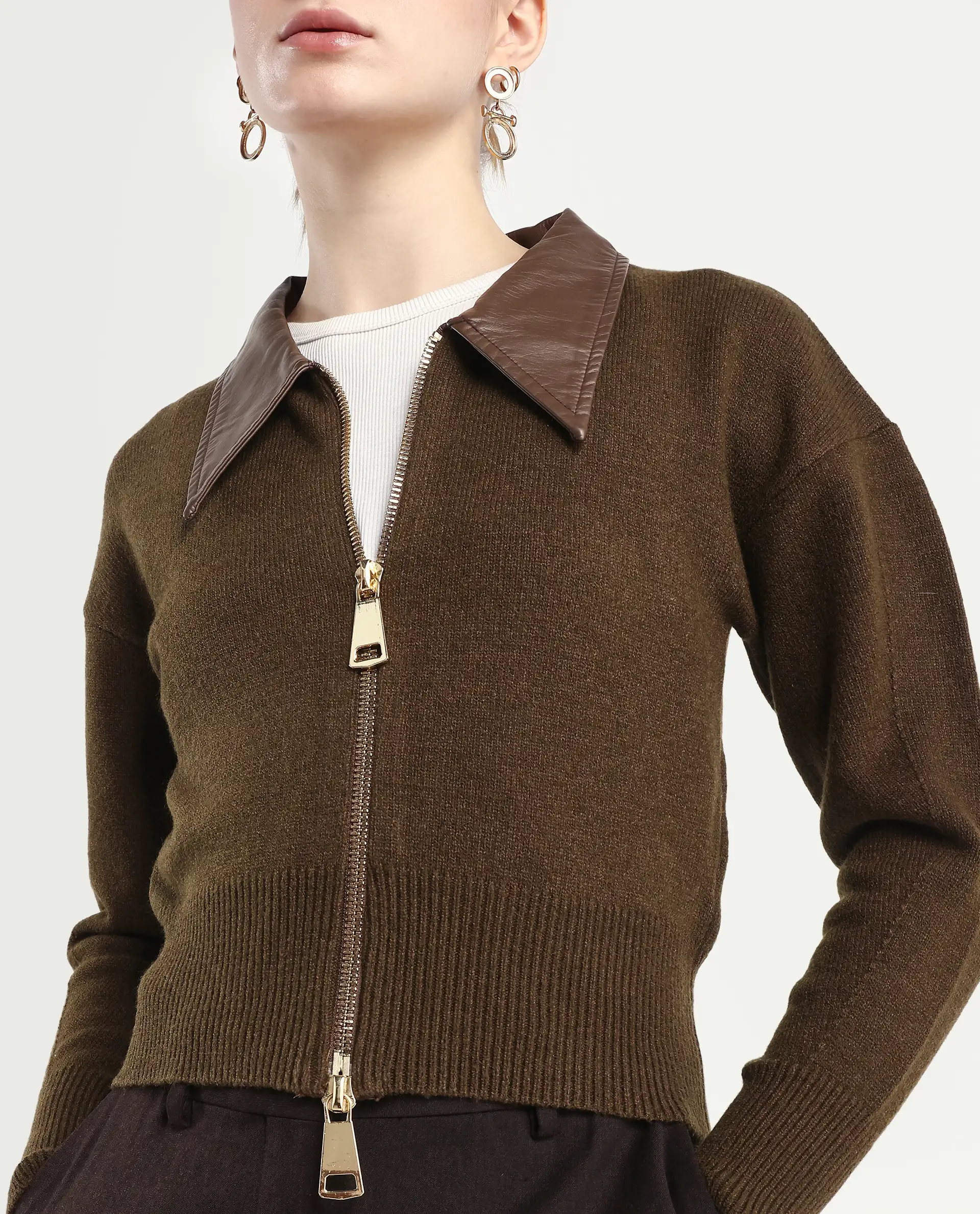 Rareism Women's Serpen Brown Drop Collar Plain Relaxed Fit Jacket - Image 4