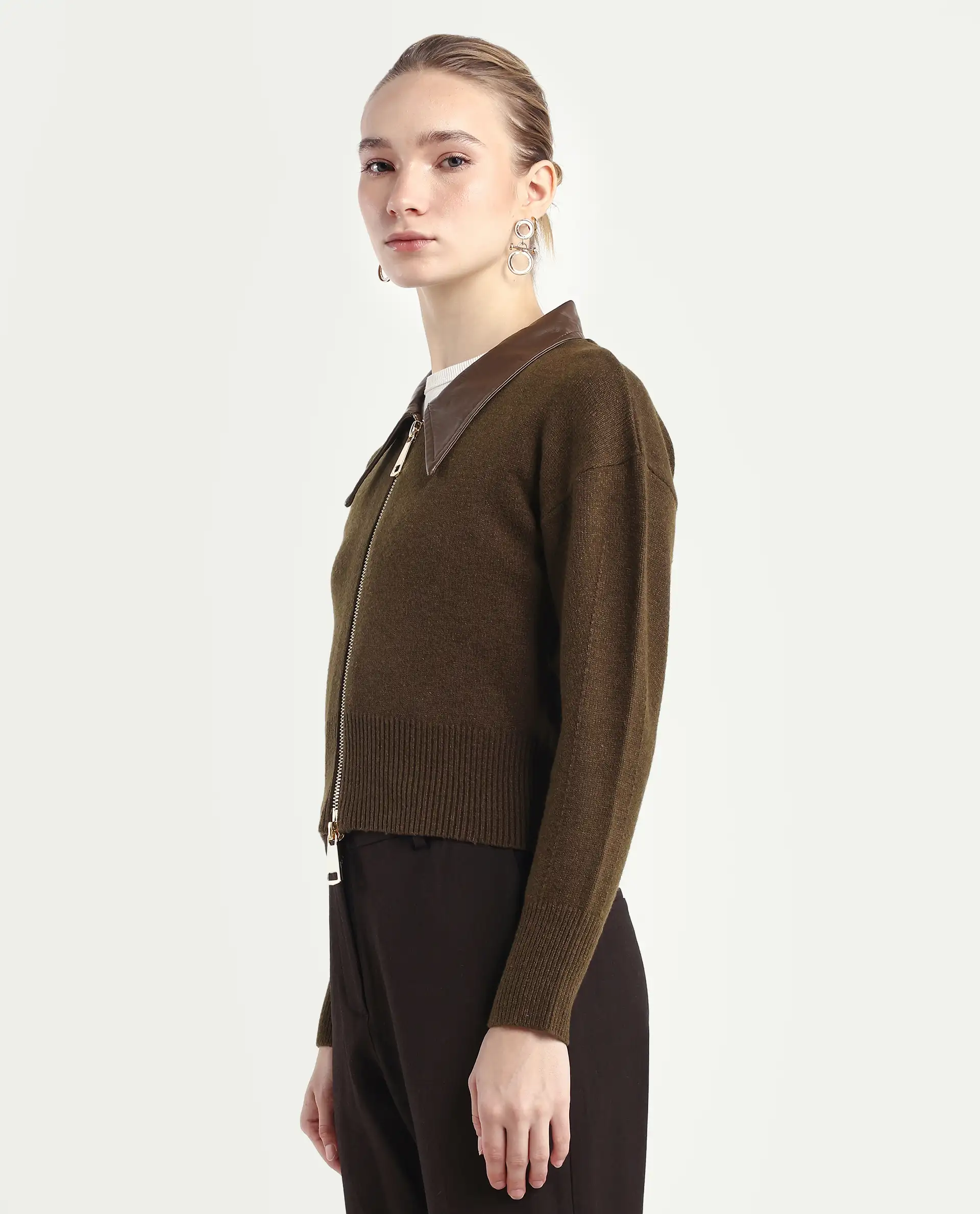 Rareism Women's Serpen Brown Drop Collar Plain Relaxed Fit Jacket - Image 5