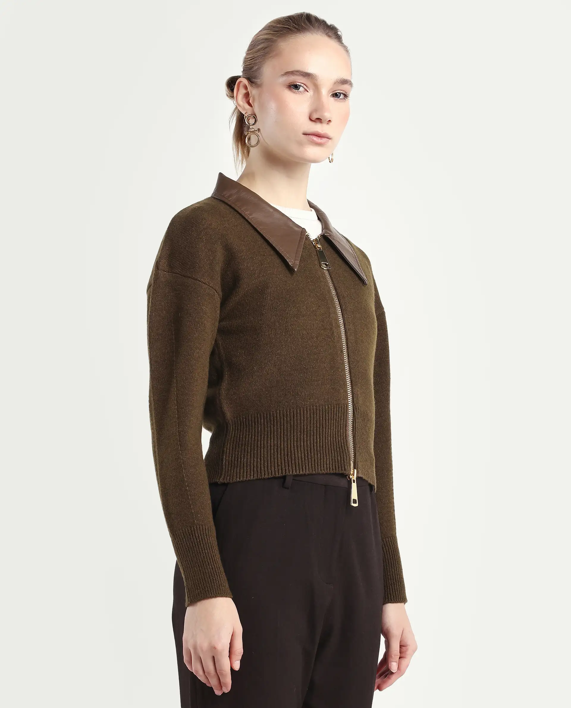Rareism Women's Serpen Brown Drop Collar Plain Relaxed Fit Jacket - Image 6