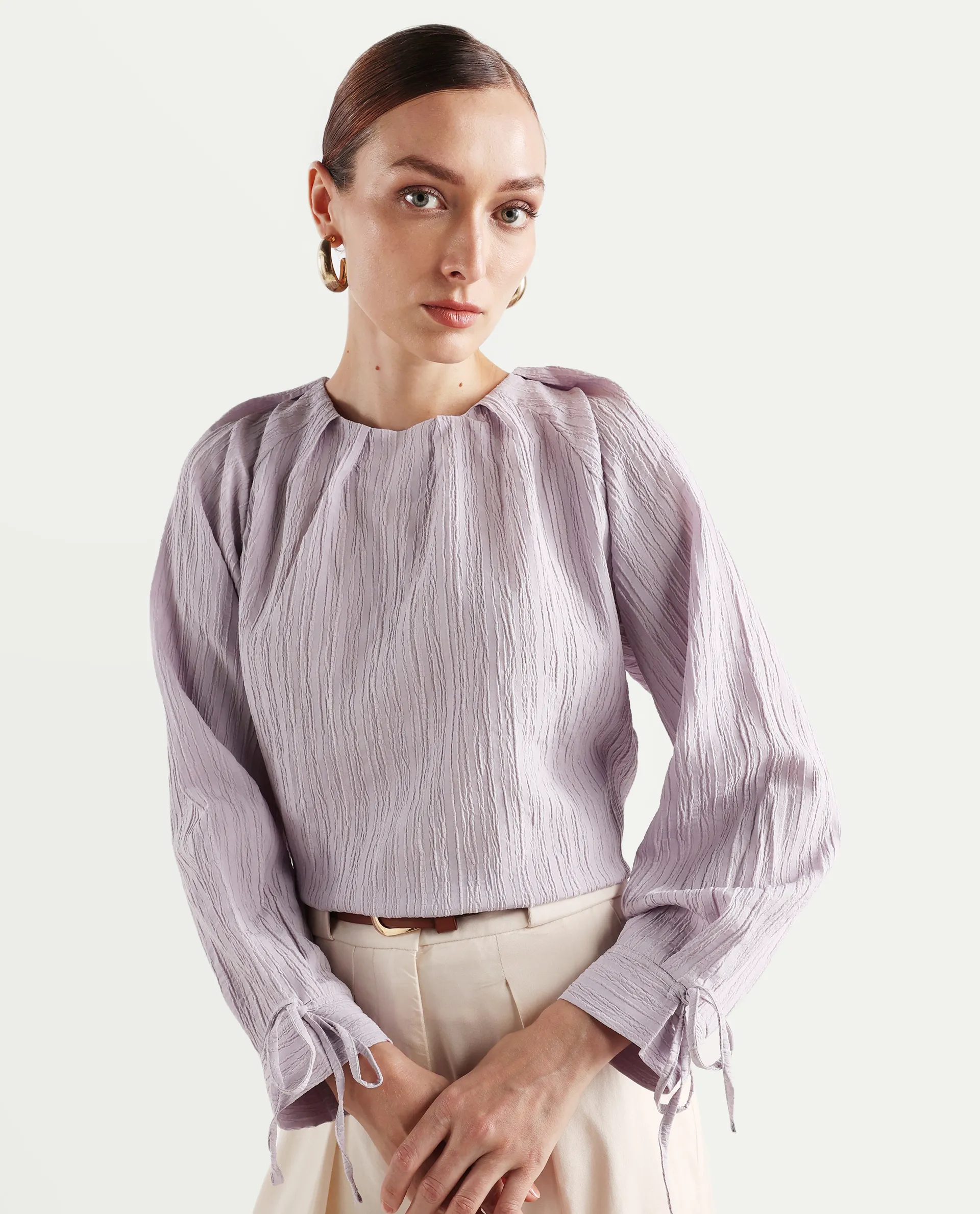 Rareism Women's Serty Grey Polyester Tie-Up Neck Plain Raglan Sleeve Regular Fit Top