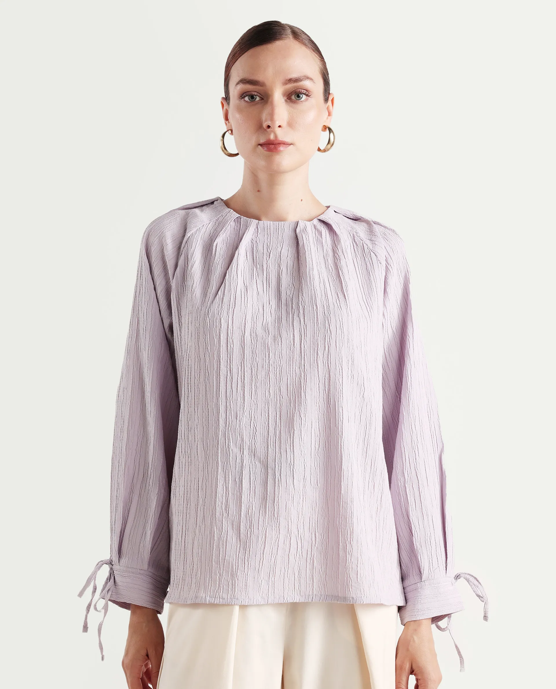 Rareism Women's Serty Grey Polyester Tie-Up Neck Plain Raglan Sleeve Regular Fit Top - Image 3