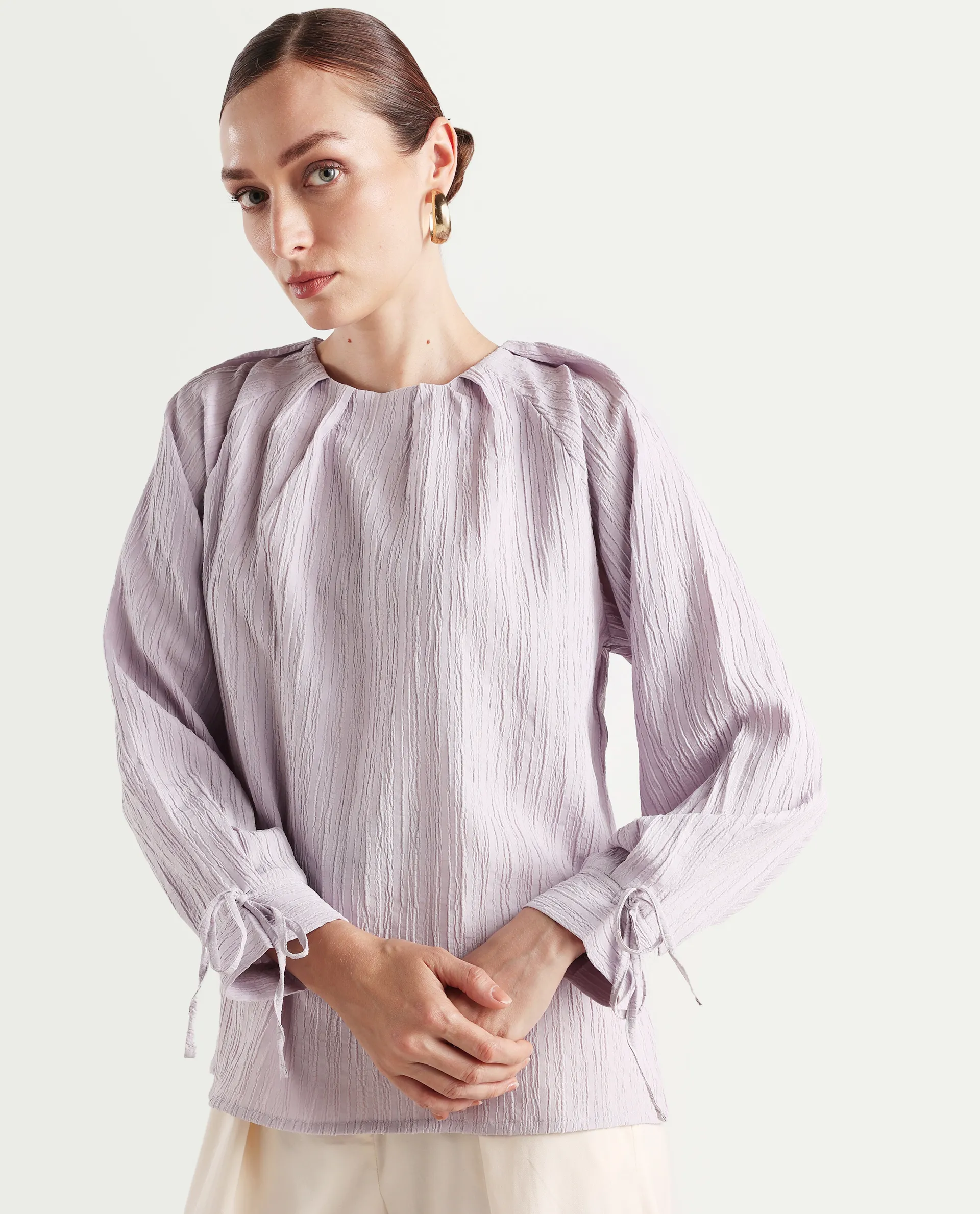 Rareism Women's Serty Grey Polyester Tie-Up Neck Plain Raglan Sleeve Regular Fit Top - Image 4