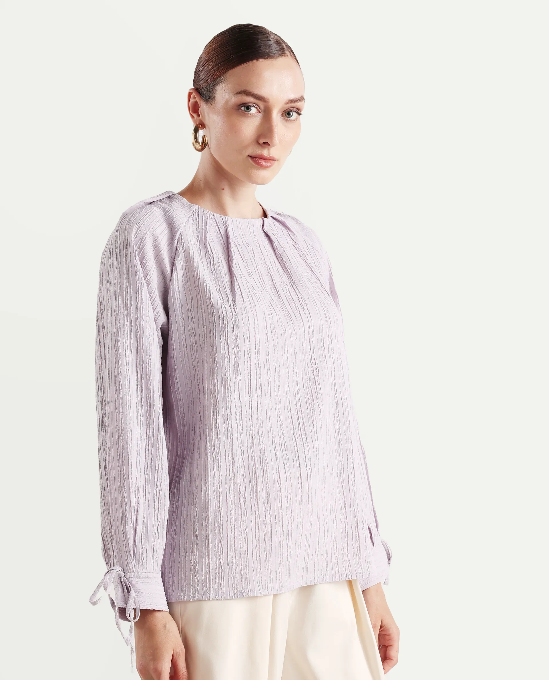 Rareism Women's Serty Grey Polyester Tie-Up Neck Plain Raglan Sleeve Regular Fit Top - Image 7