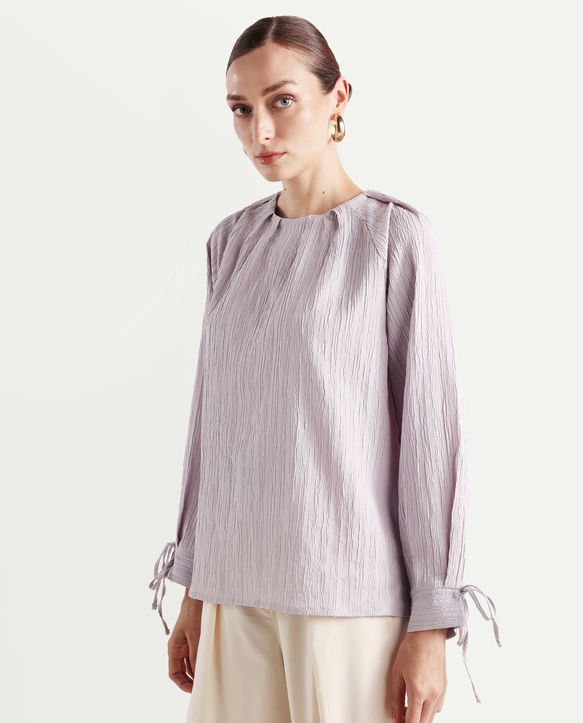 Rareism Women's Serty Grey Polyester Tie-Up Neck Plain Raglan Sleeve Regular Fit Top - Image 8