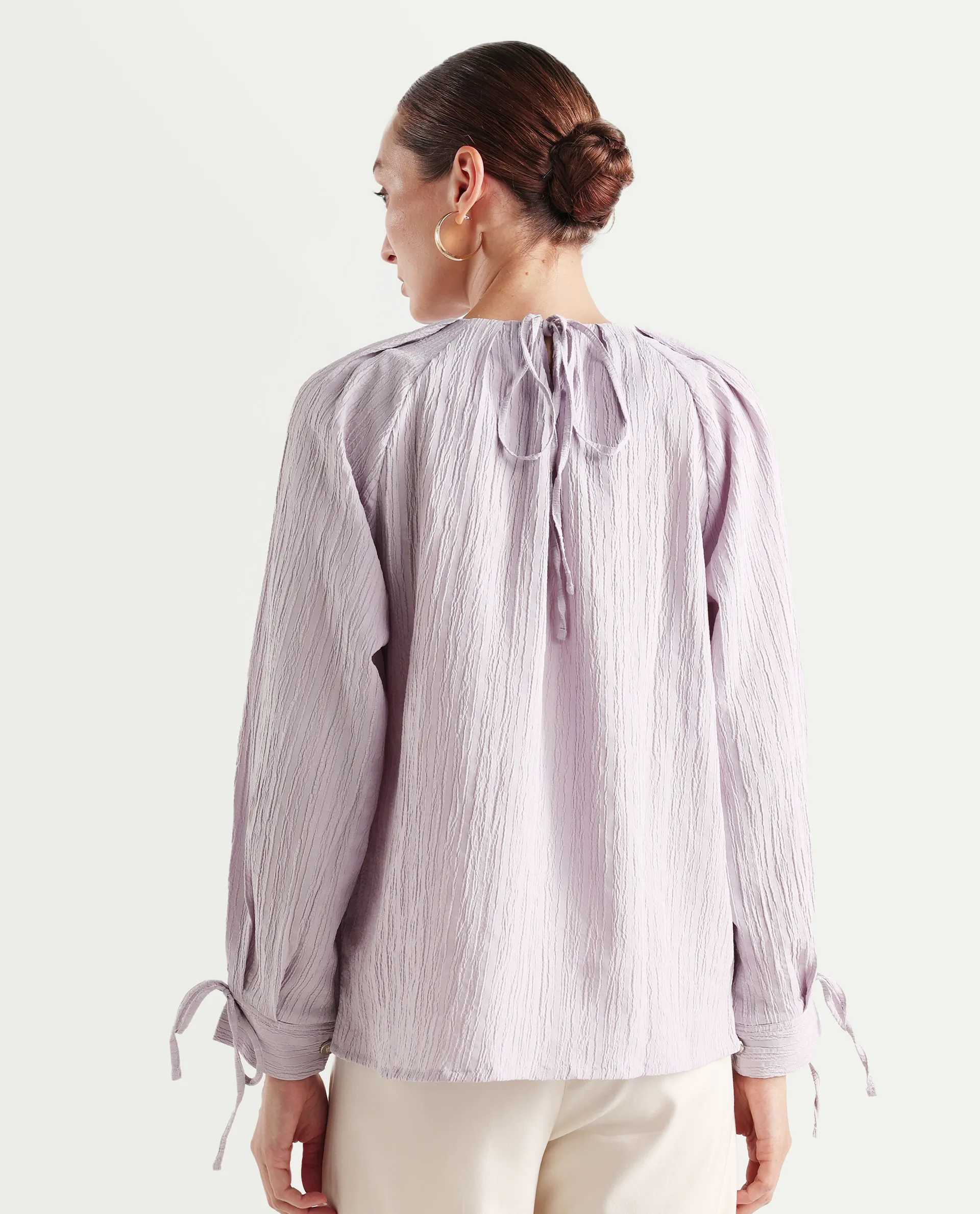 Rareism Women's Serty Grey Polyester Tie-Up Neck Plain Raglan Sleeve Regular Fit Top - Image 9
