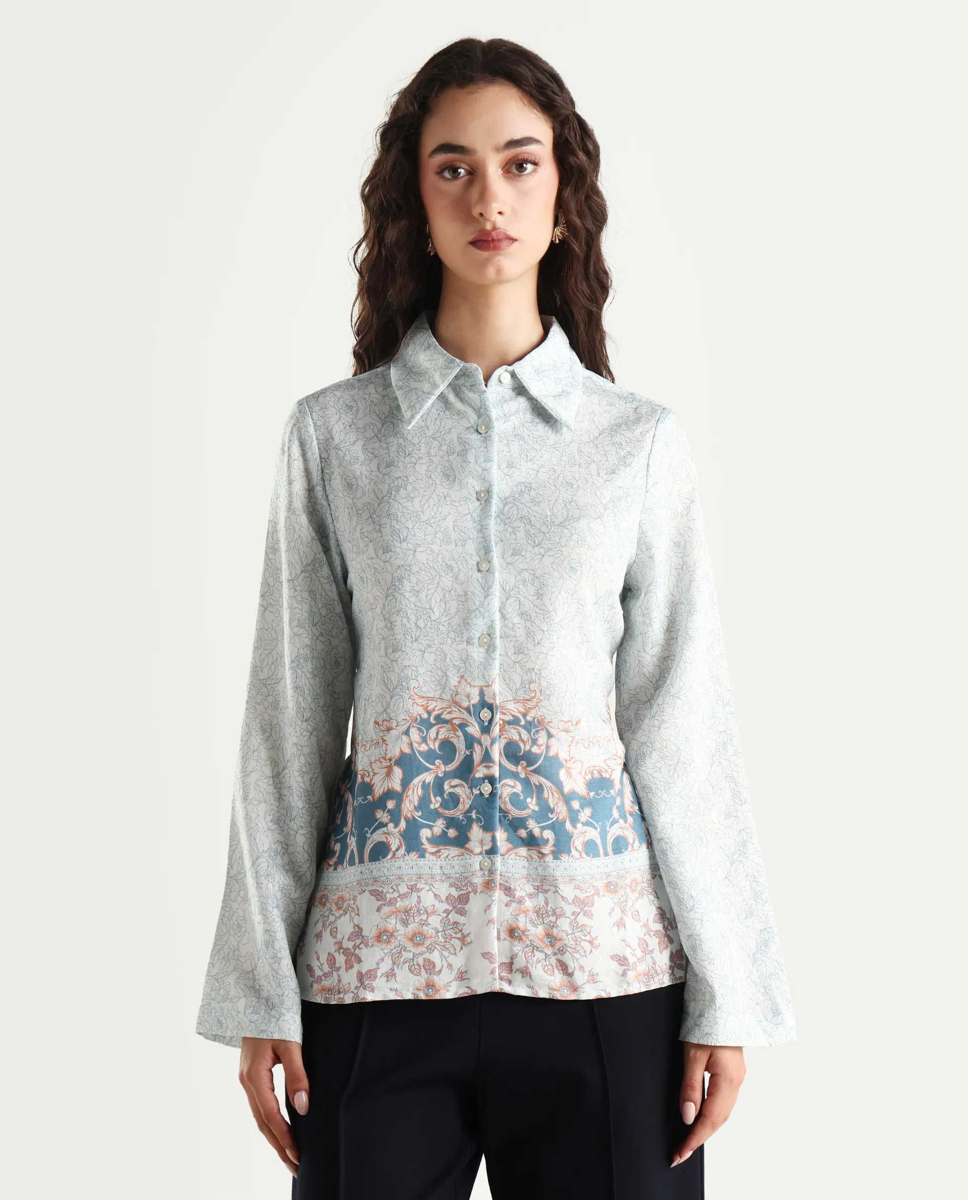Rareism Women's Sesent Light Multi Viscose Blend Drop Collar Tropical Print Cuffed Sleeve Regular Fit Top - Image 3