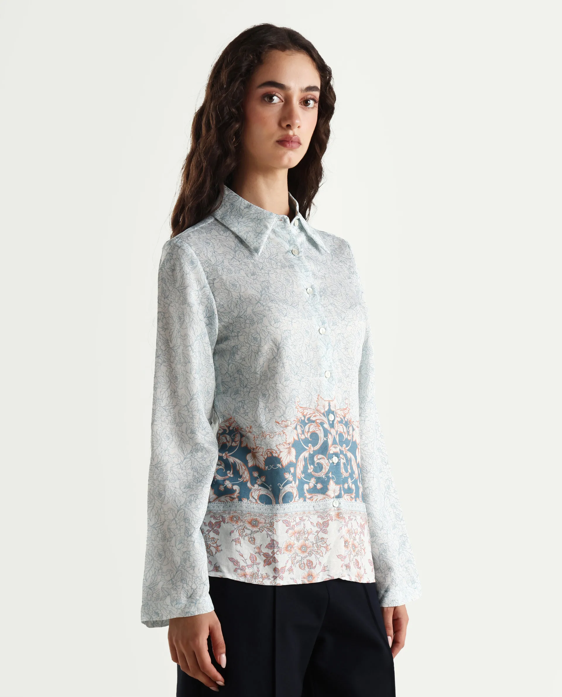 Rareism Women's Sesent Light Multi Viscose Blend Drop Collar Tropical Print Cuffed Sleeve Regular Fit Top - Image 7