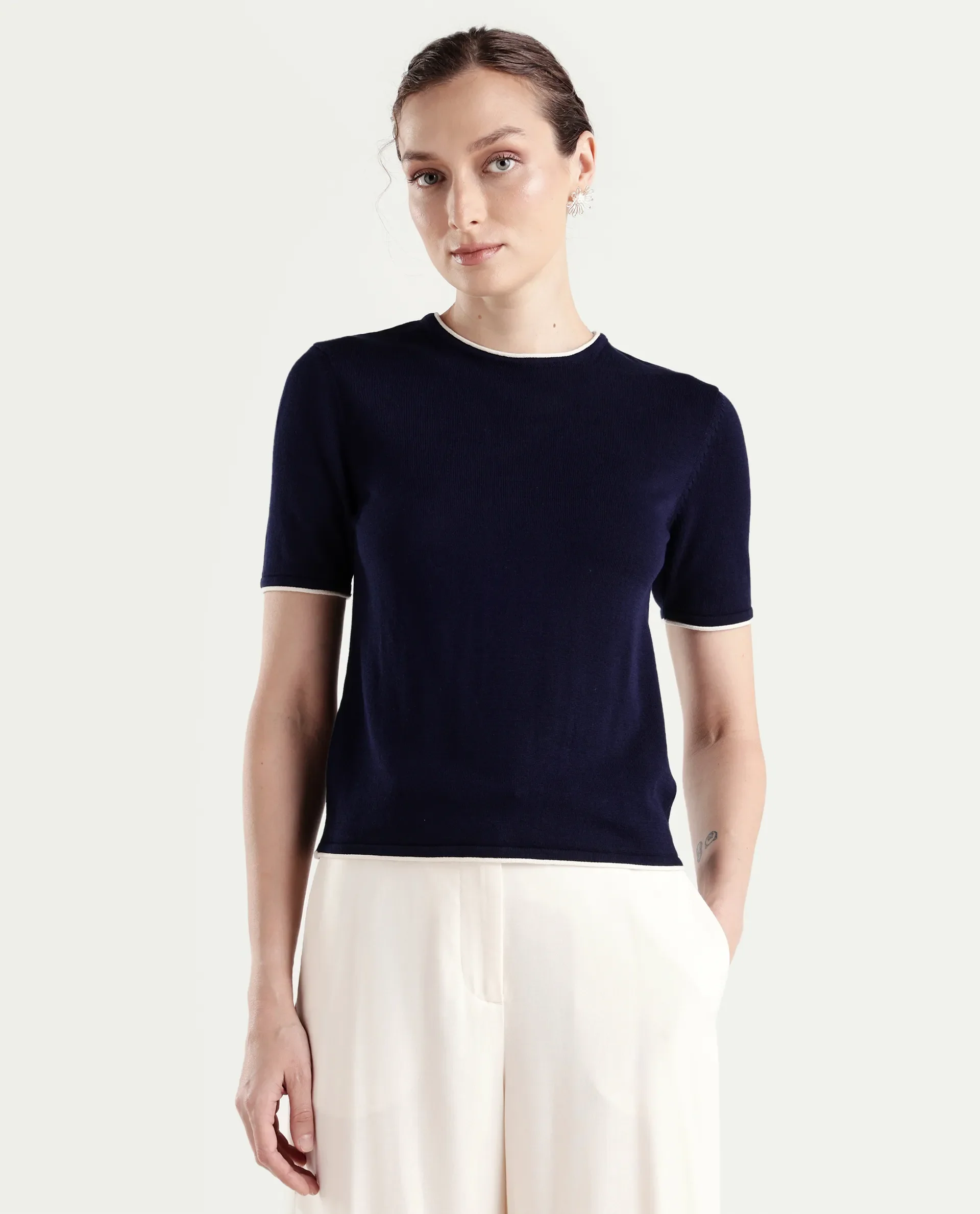 Rareism Women's Sesh Navy Cotton Half Sleeve Crew Neck Regular Fit Plain Top - Image 3