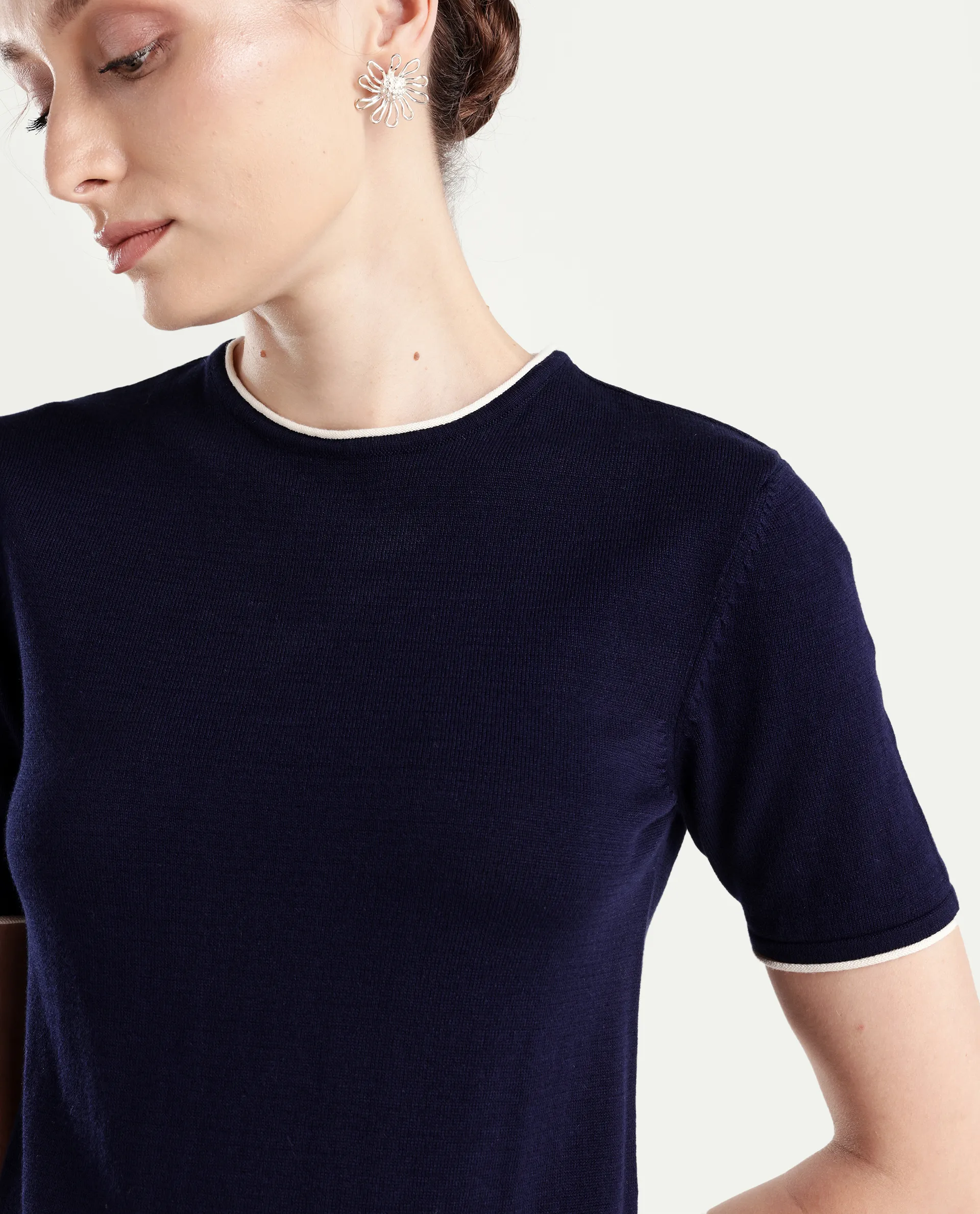 Rareism Women's Sesh Navy Cotton Half Sleeve Crew Neck Regular Fit Plain Top - Image 4