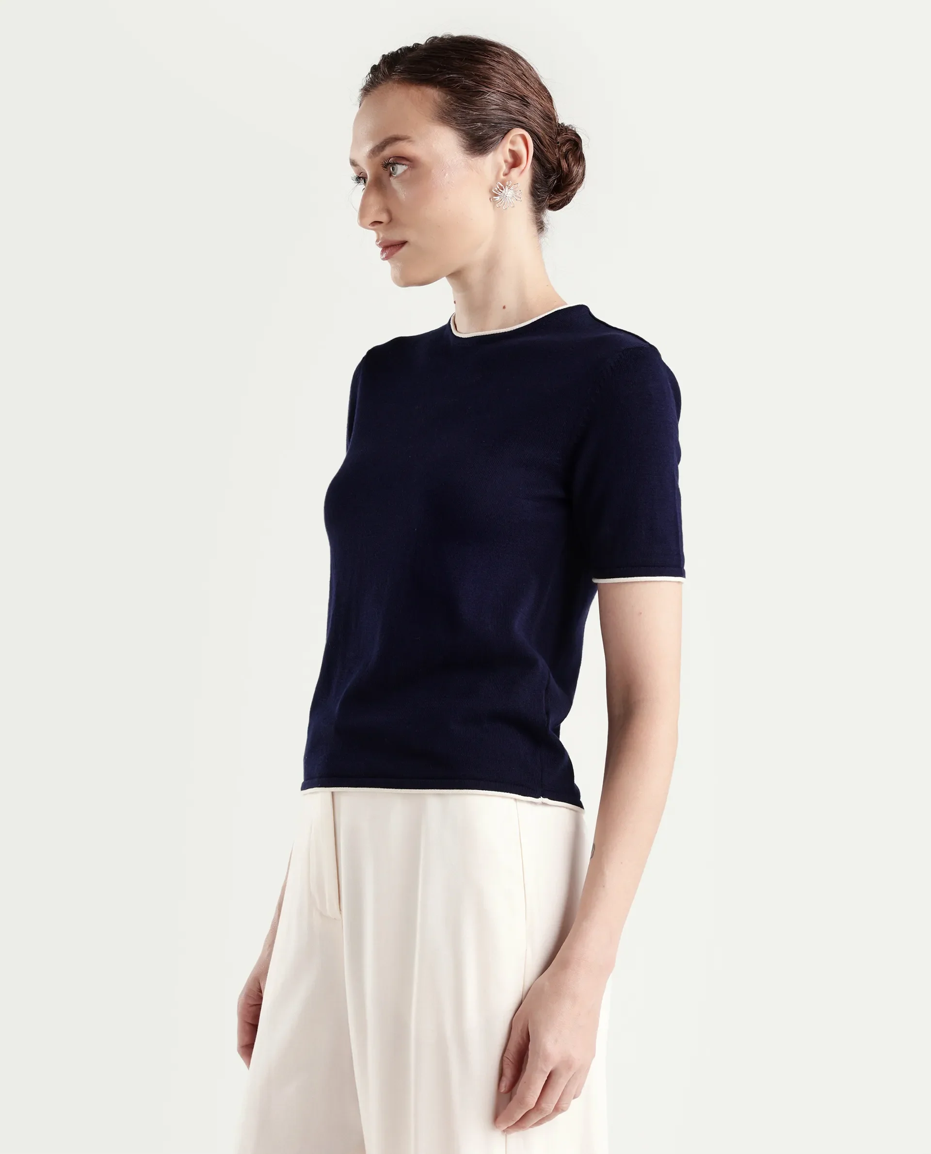 Rareism Women's Sesh Navy Cotton Half Sleeve Crew Neck Regular Fit Plain Top - Image 5