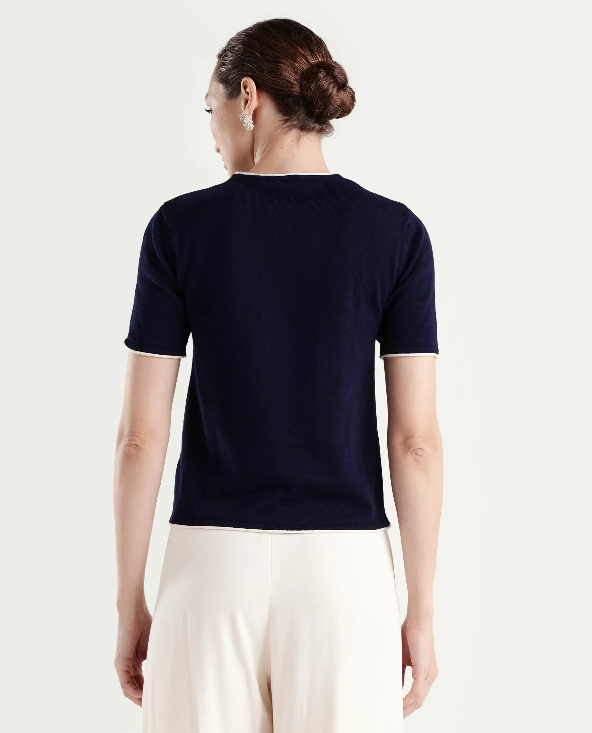 Rareism Women's Sesh Navy Cotton Half Sleeve Crew Neck Regular Fit Plain Top - Image 7