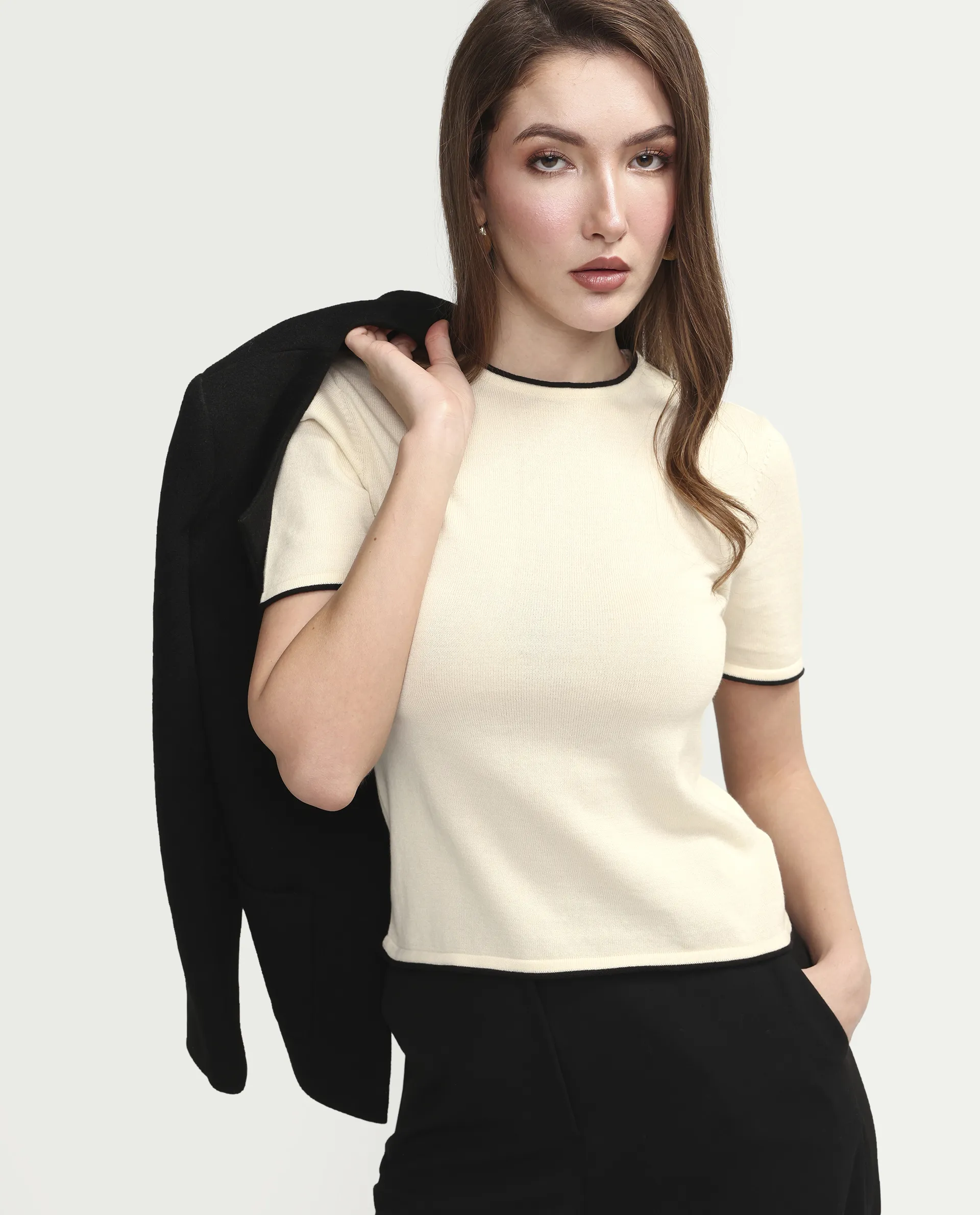 Rareism Women's Sesh Off White Cotton Half Sleeve Crew Neck Regular Fit Plain Top