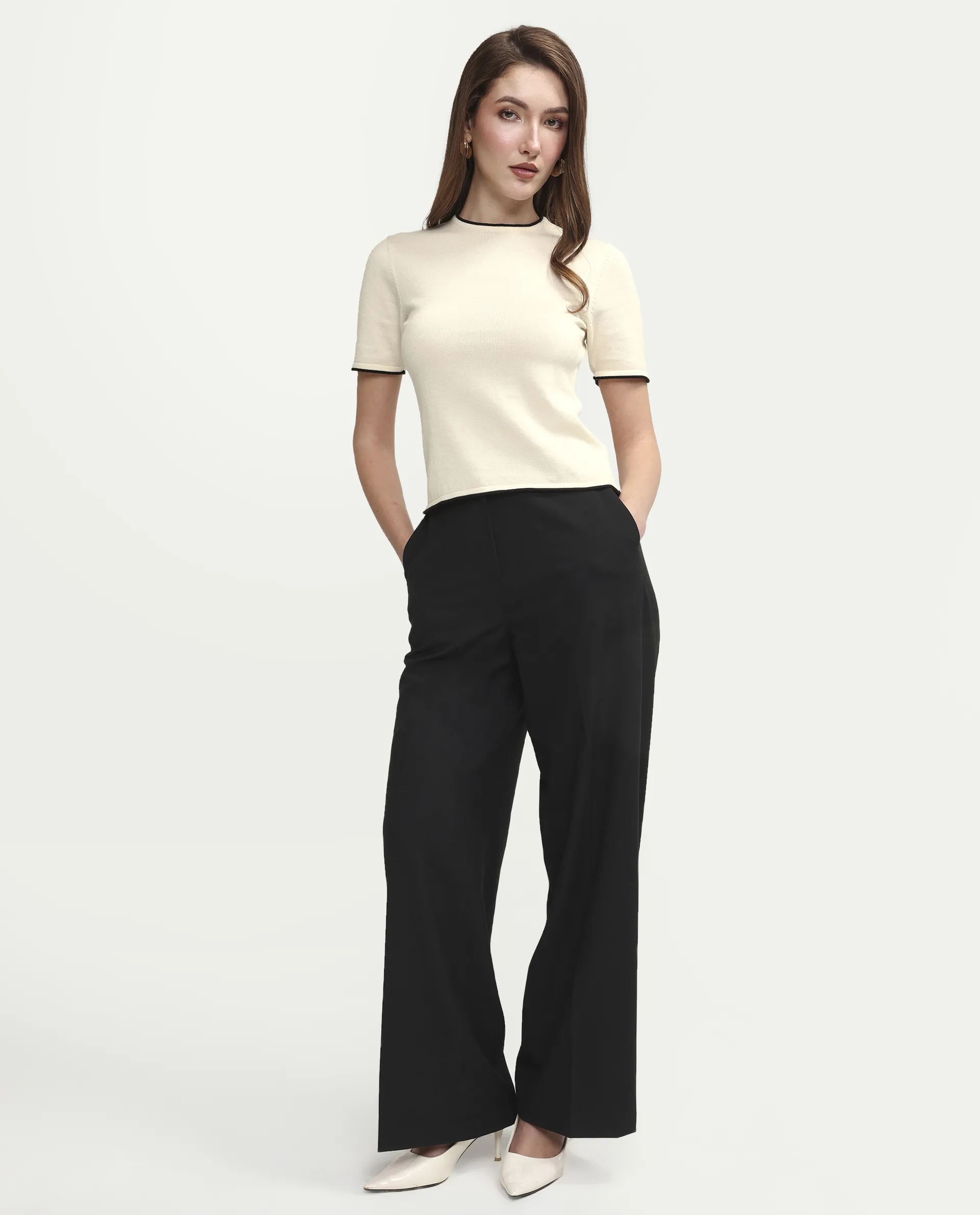 Rareism Women's Sesh Off White Cotton Half Sleeve Crew Neck Regular Fit Plain Top - Image 2