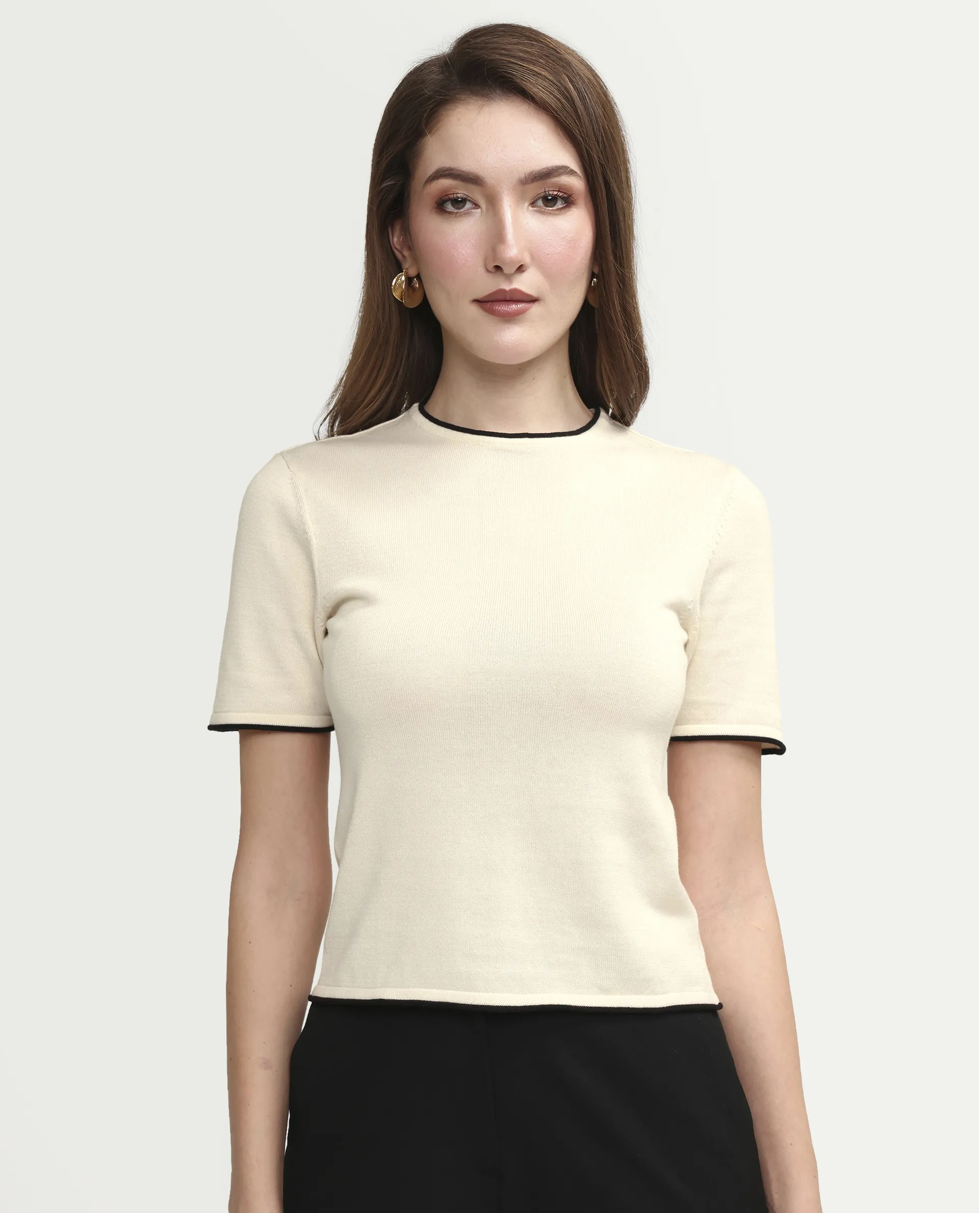Rareism Women's Sesh Off White Cotton Half Sleeve Crew Neck Regular Fit Plain Top - Image 3