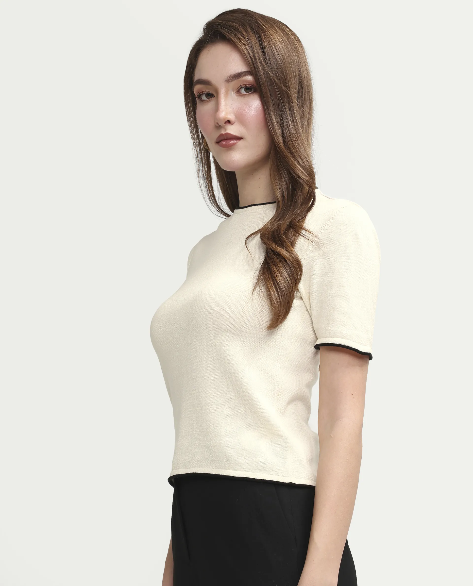 Rareism Women's Sesh Off White Cotton Half Sleeve Crew Neck Regular Fit Plain Top - Image 5