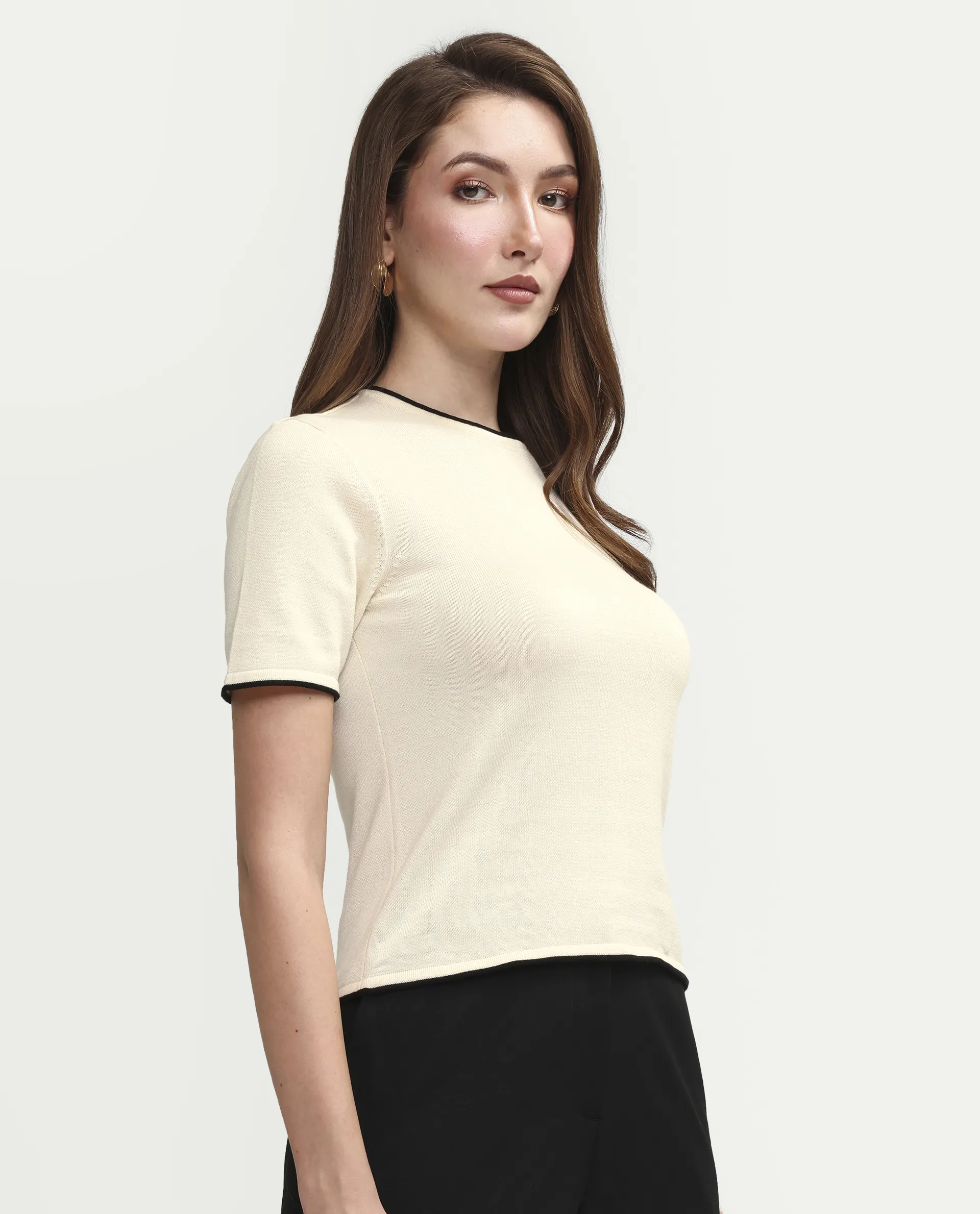 Rareism Women's Sesh Off White Cotton Half Sleeve Crew Neck Regular Fit Plain Top - Image 6