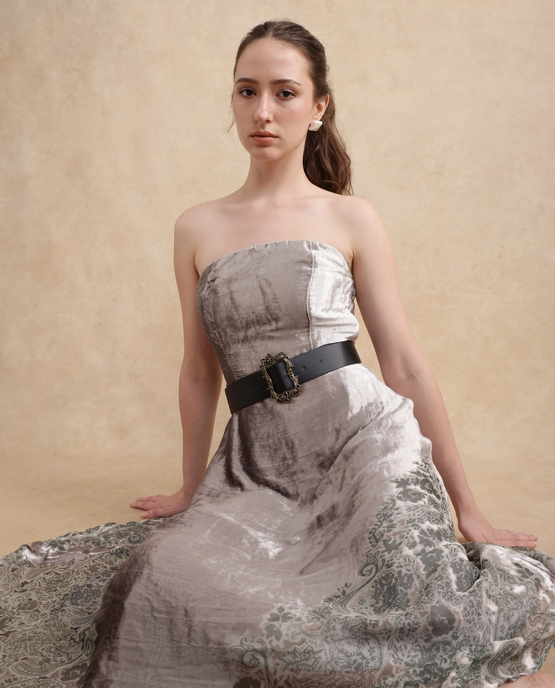 Rareism Women's Seson Light Silver Velvet Tube Neck Abstract Print Sleeveless Midi Fit And Flare Dress