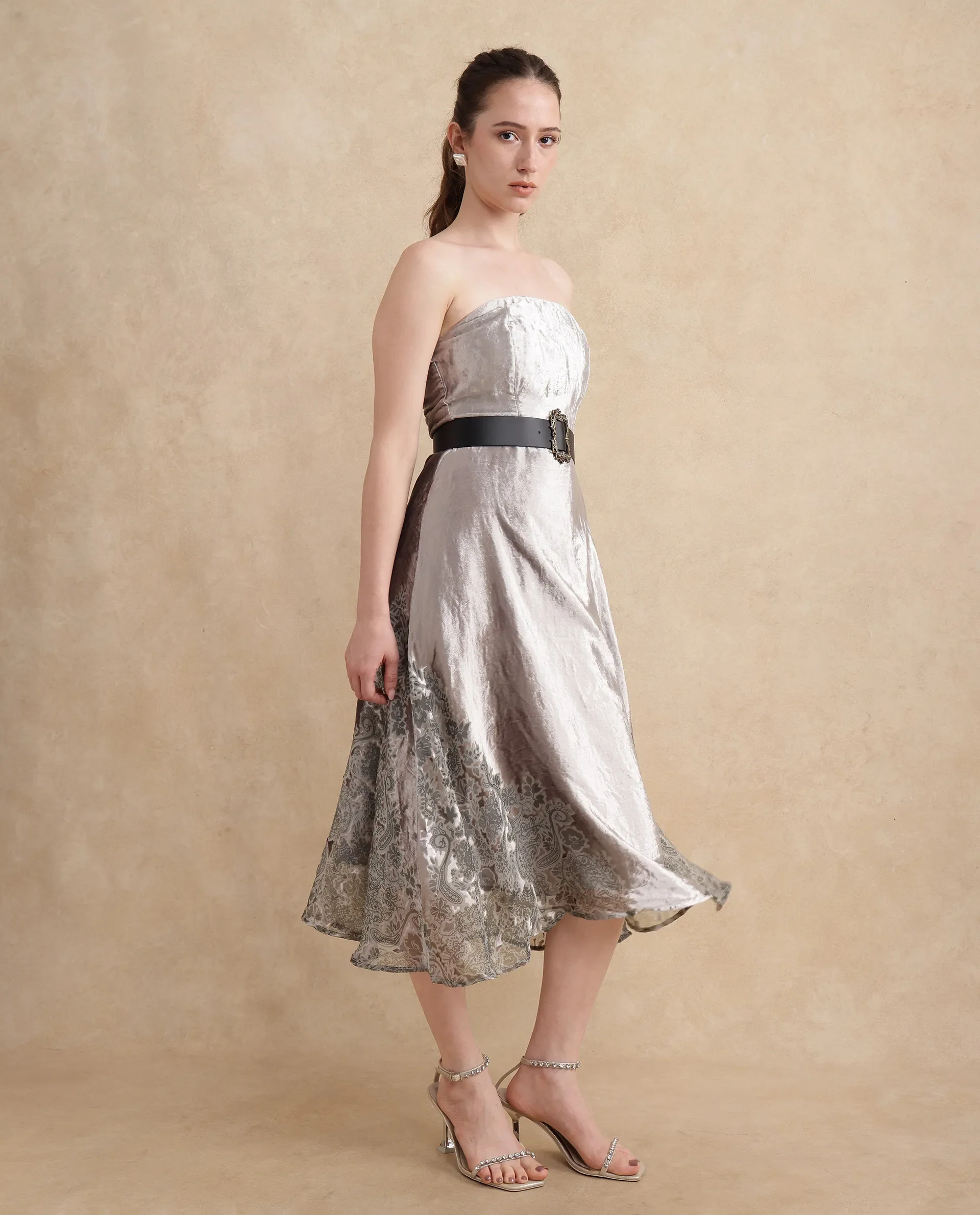 Rareism Women's Seson Light Silver Velvet Tube Neck Abstract Print Sleeveless Midi Fit And Flare Dress - Image 7
