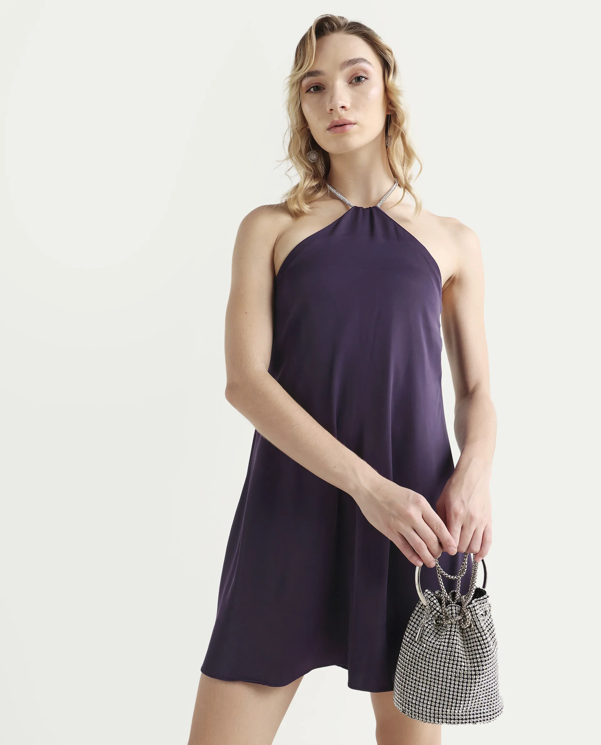 Rareism Women's Setar Purple Satin Halter Neck Plain Sleeveless Mini Flared Dress - Image 2