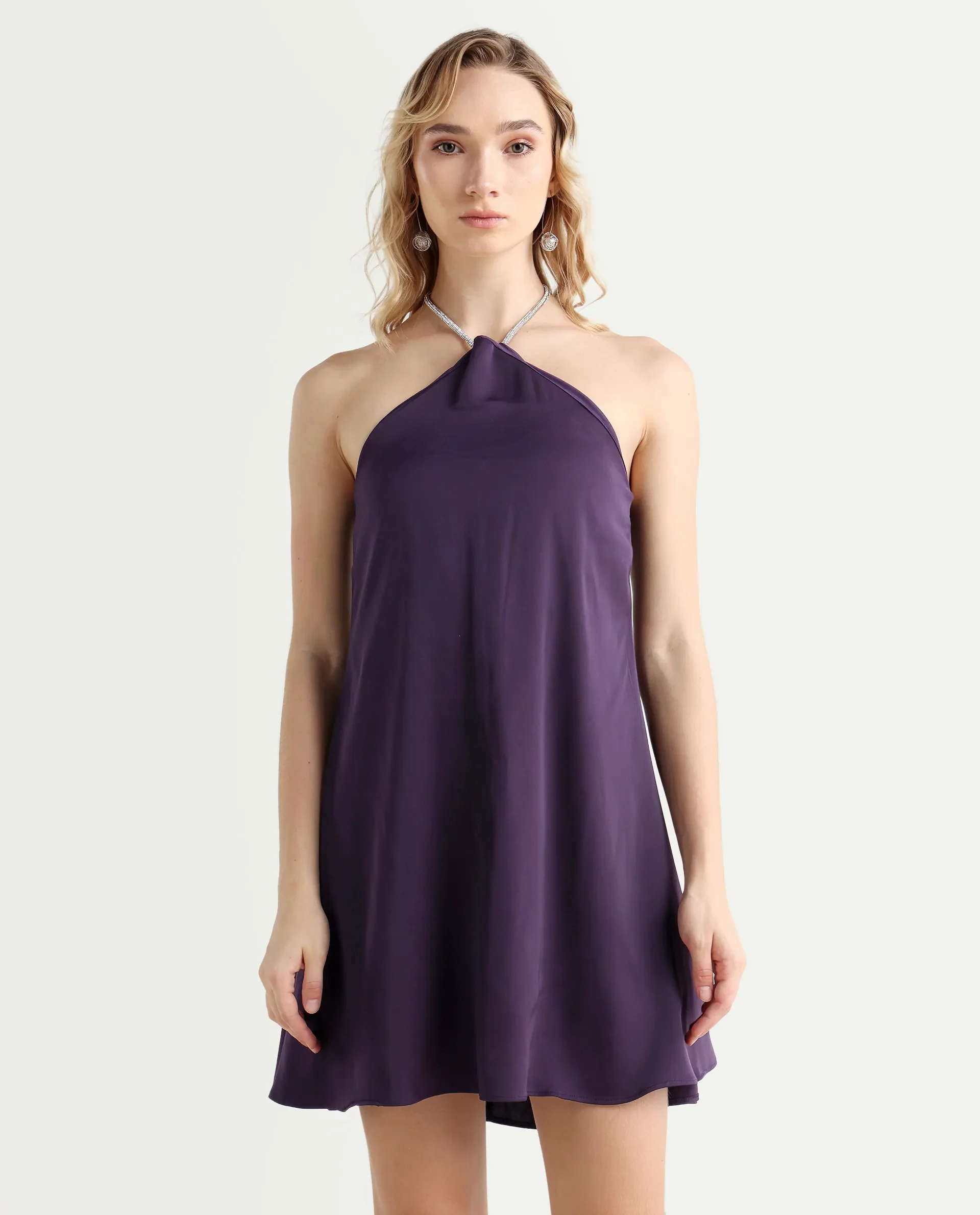 Rareism Women's Setar Purple Satin Halter Neck Plain Sleeveless Mini Flared Dress - Image 3