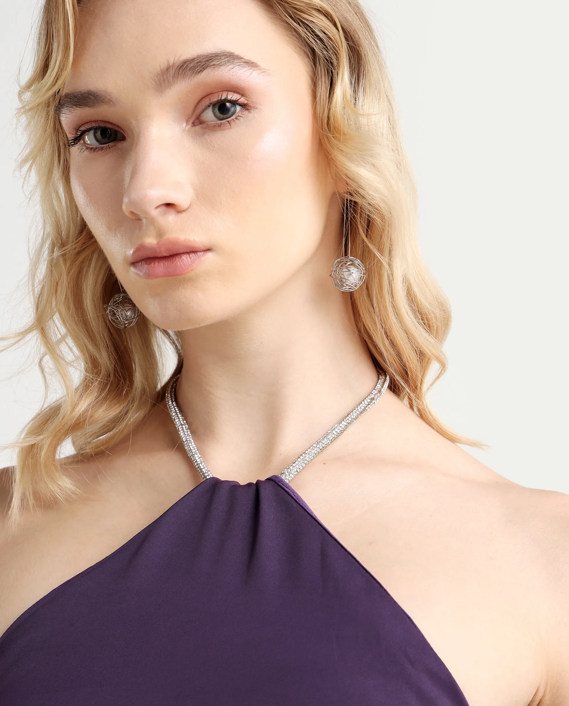 Rareism Women's Setar Purple Satin Halter Neck Plain Sleeveless Mini Flared Dress - Image 4