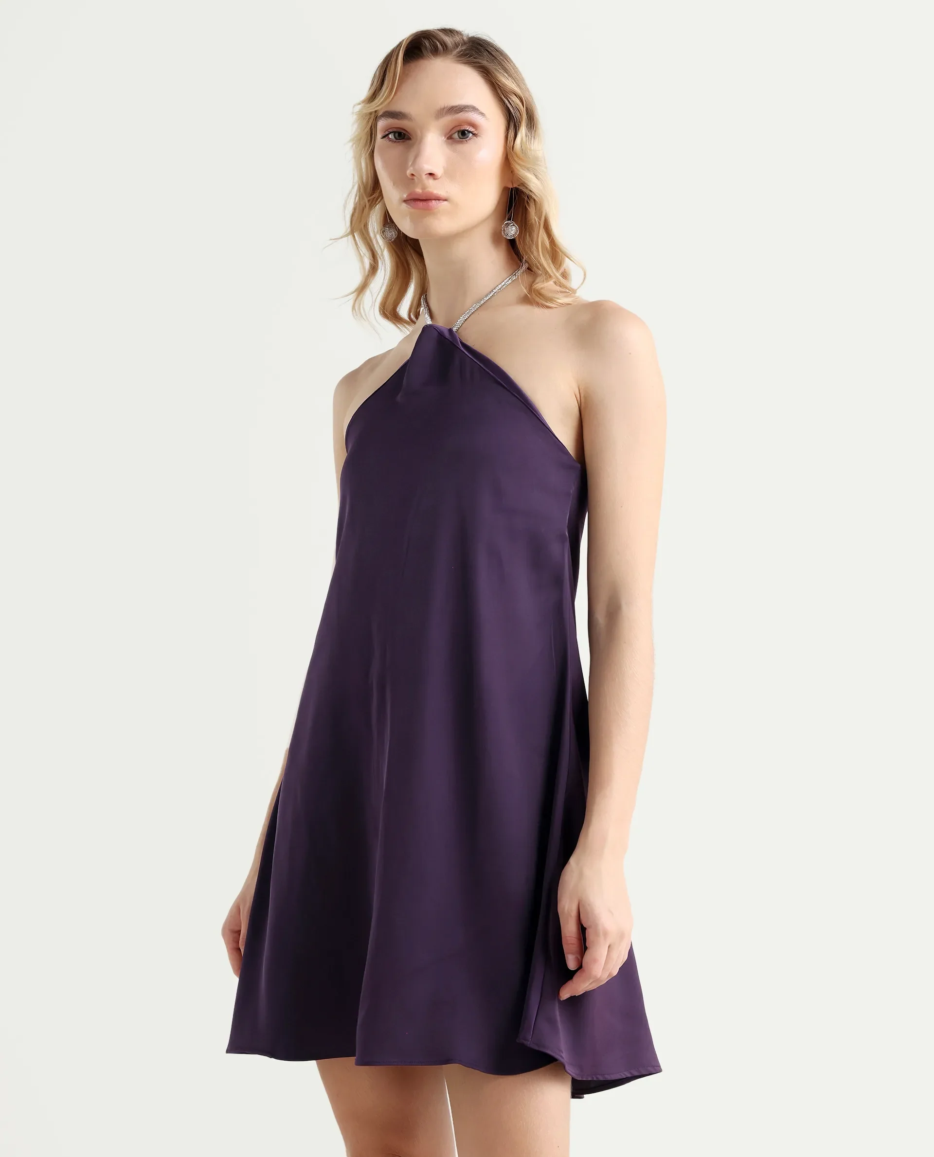 Rareism Women's Setar Purple Satin Halter Neck Plain Sleeveless Mini Flared Dress - Image 5