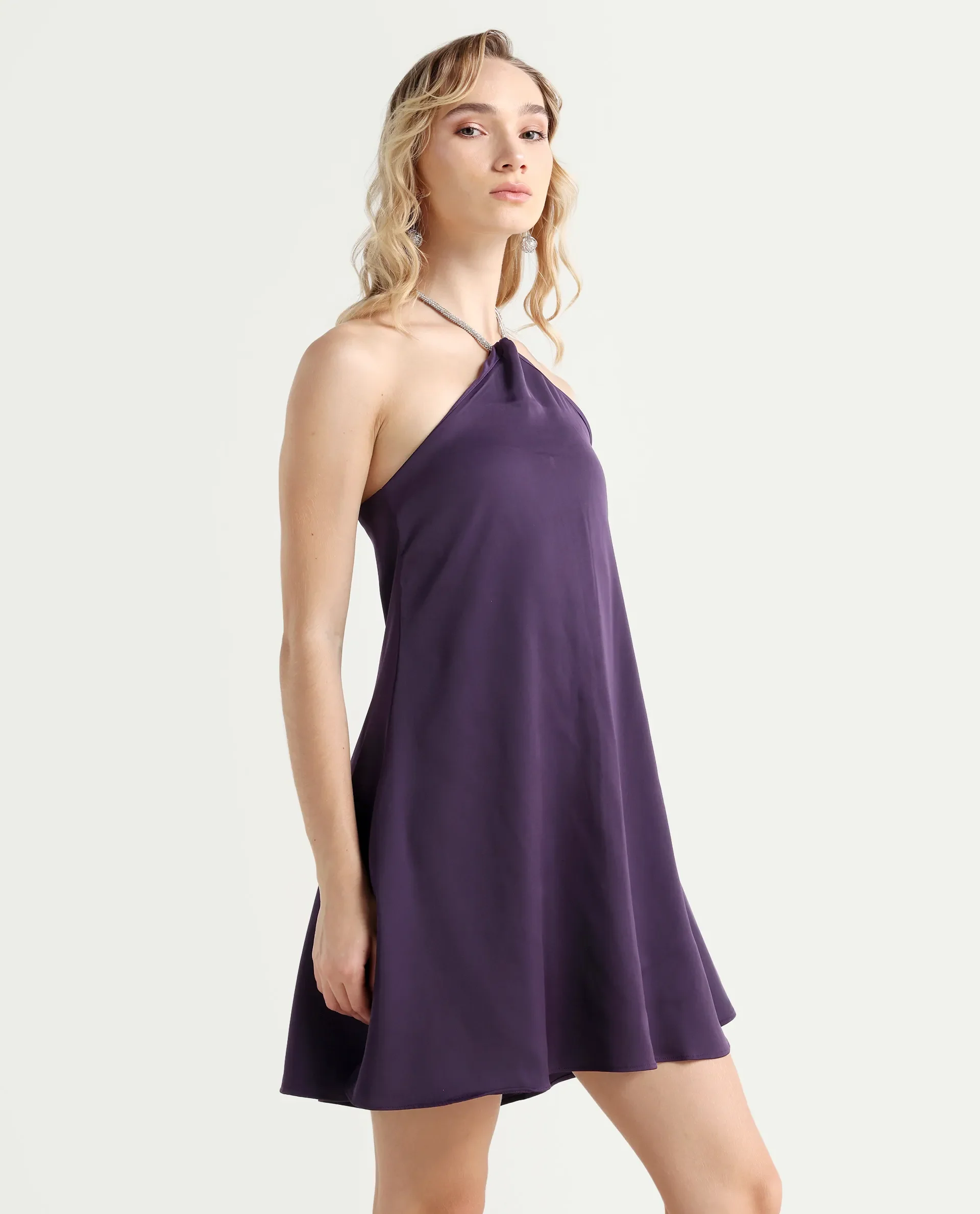 Rareism Women's Setar Purple Satin Halter Neck Plain Sleeveless Mini Flared Dress - Image 6