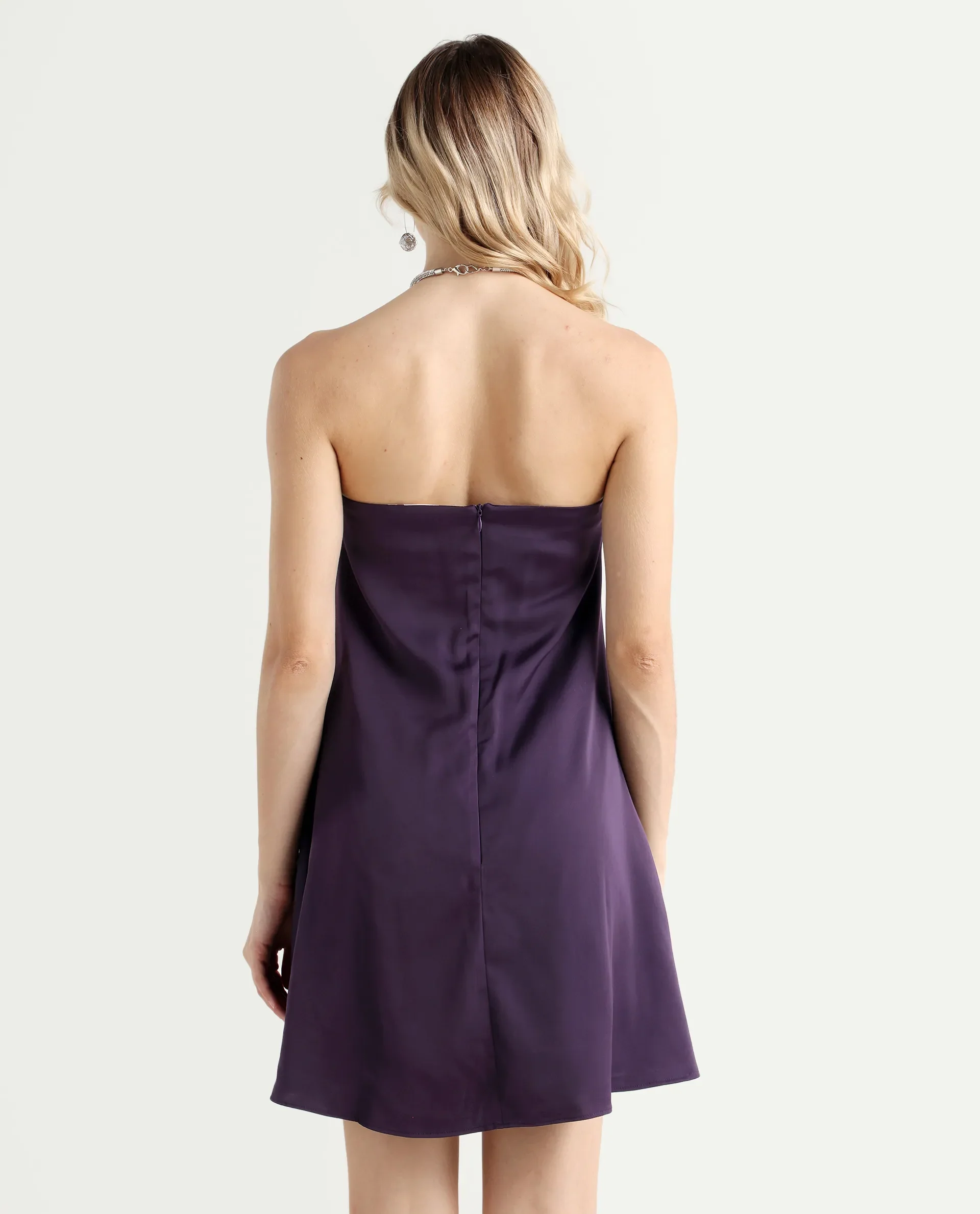 Rareism Women's Setar Purple Satin Halter Neck Plain Sleeveless Mini Flared Dress - Image 7