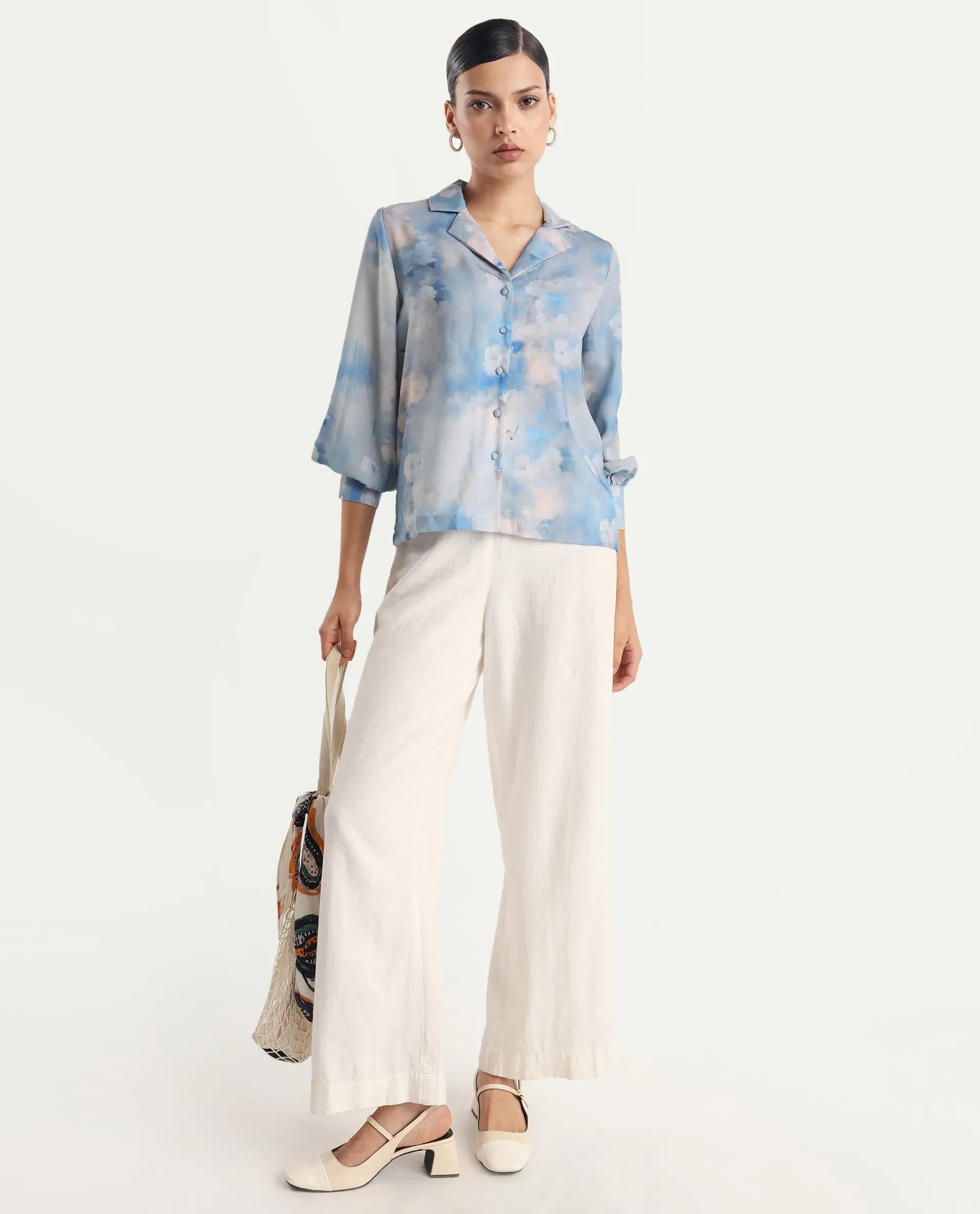 Rareism Women's Setecannet Blue Cotton Lapel Neck Floral Print Bishop Sleeve Regular Fit Top - Image 2