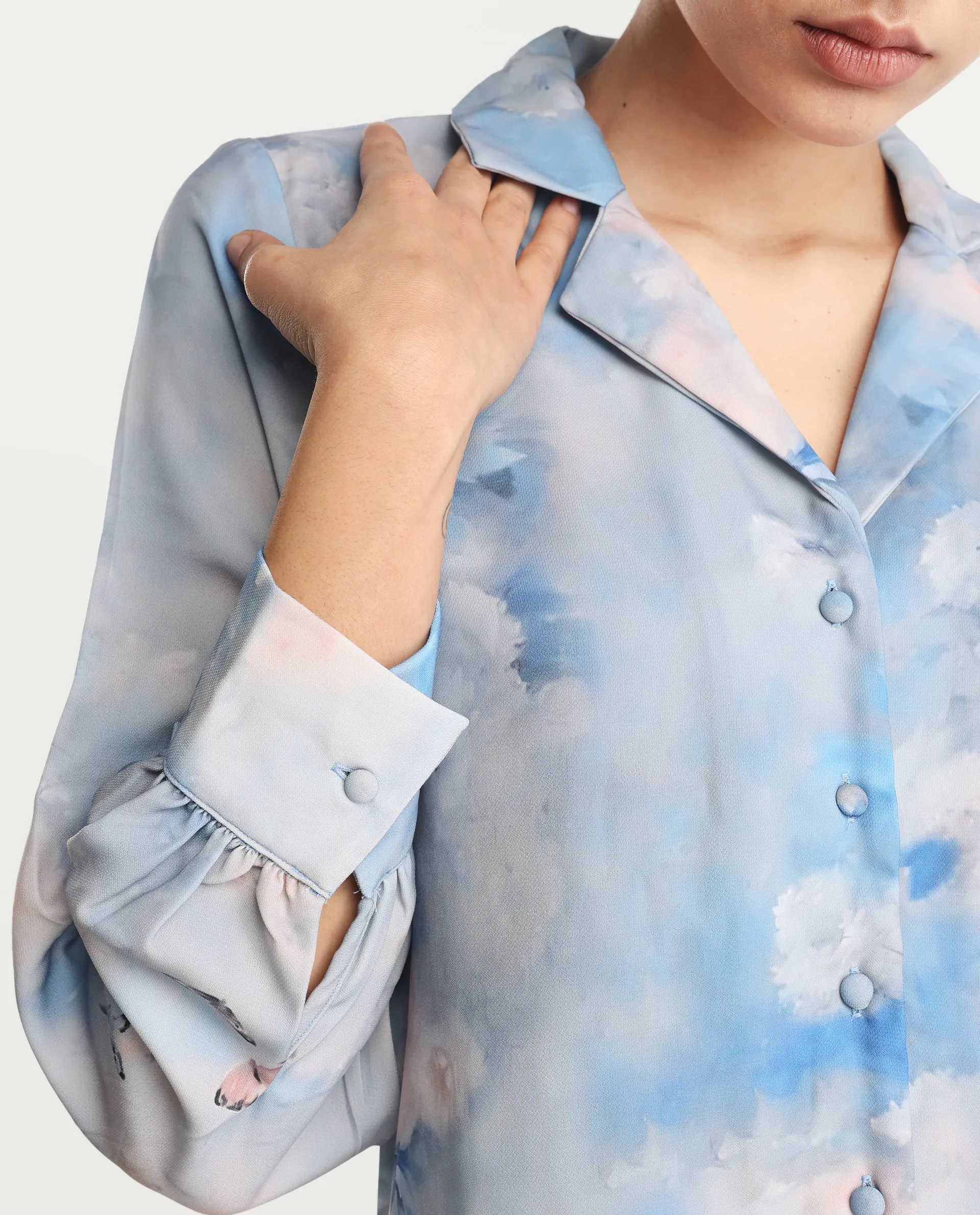 Rareism Women's Setecannet Blue Cotton Lapel Neck Floral Print Bishop Sleeve Regular Fit Top - Image 3