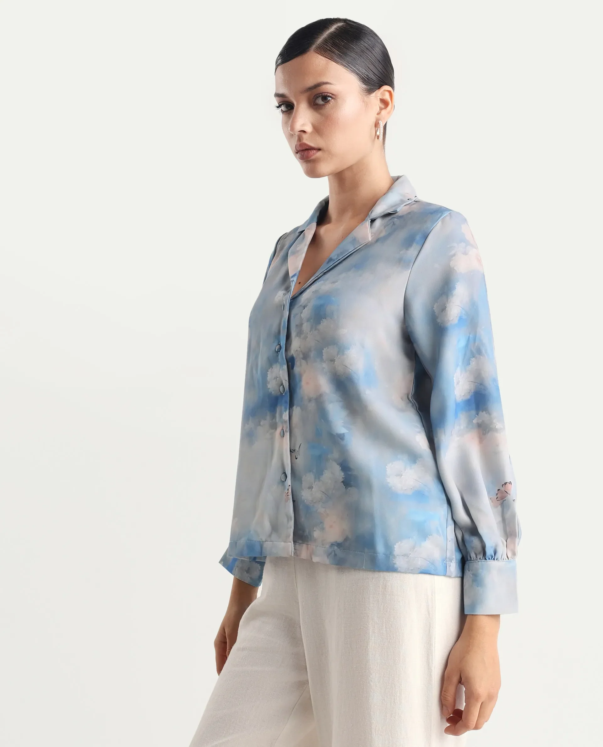Rareism Women's Setecannet Blue Cotton Lapel Neck Floral Print Bishop Sleeve Regular Fit Top - Image 4