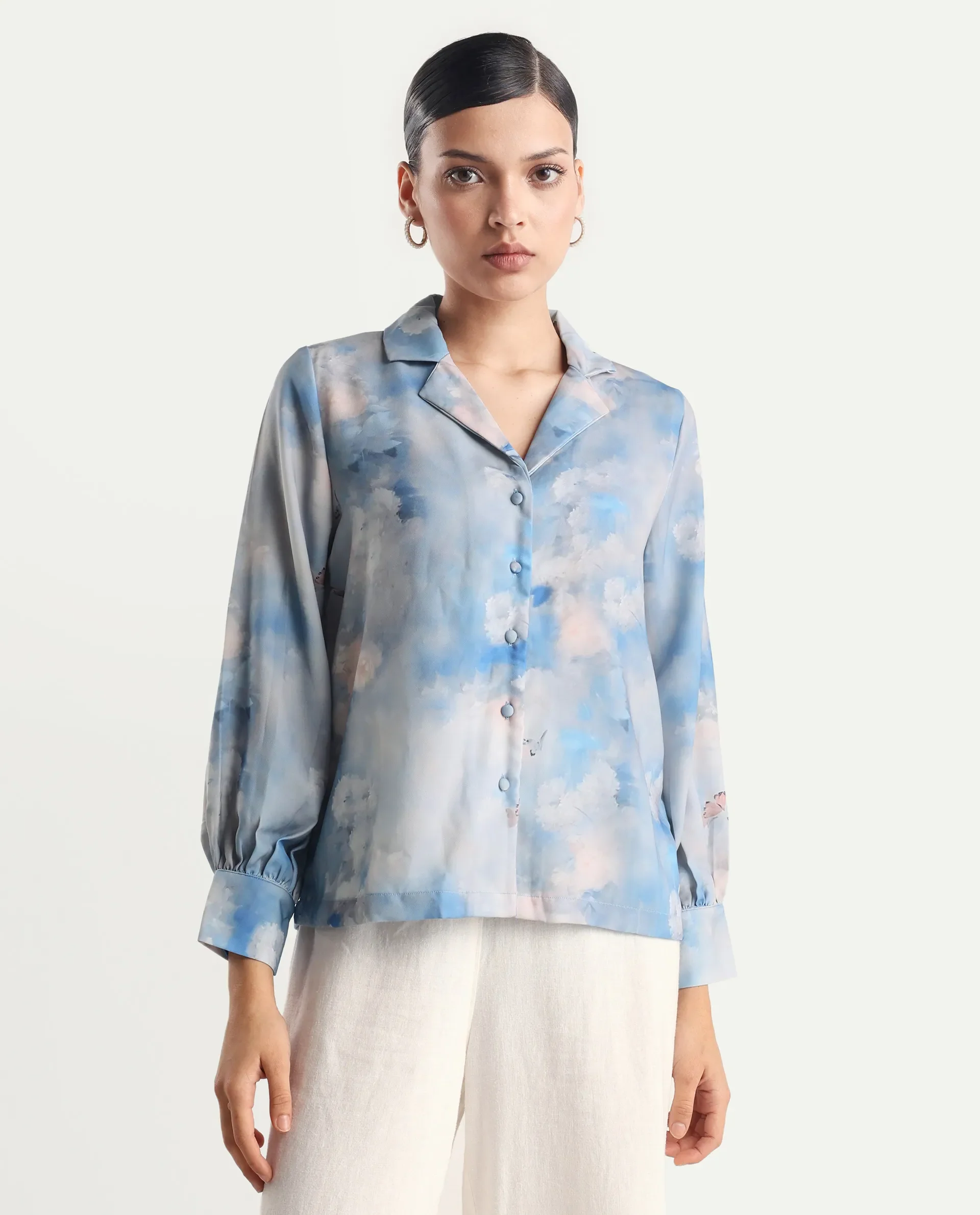 Rareism Women's Setecannet Blue Cotton Lapel Neck Floral Print Bishop Sleeve Regular Fit Top - Image 5