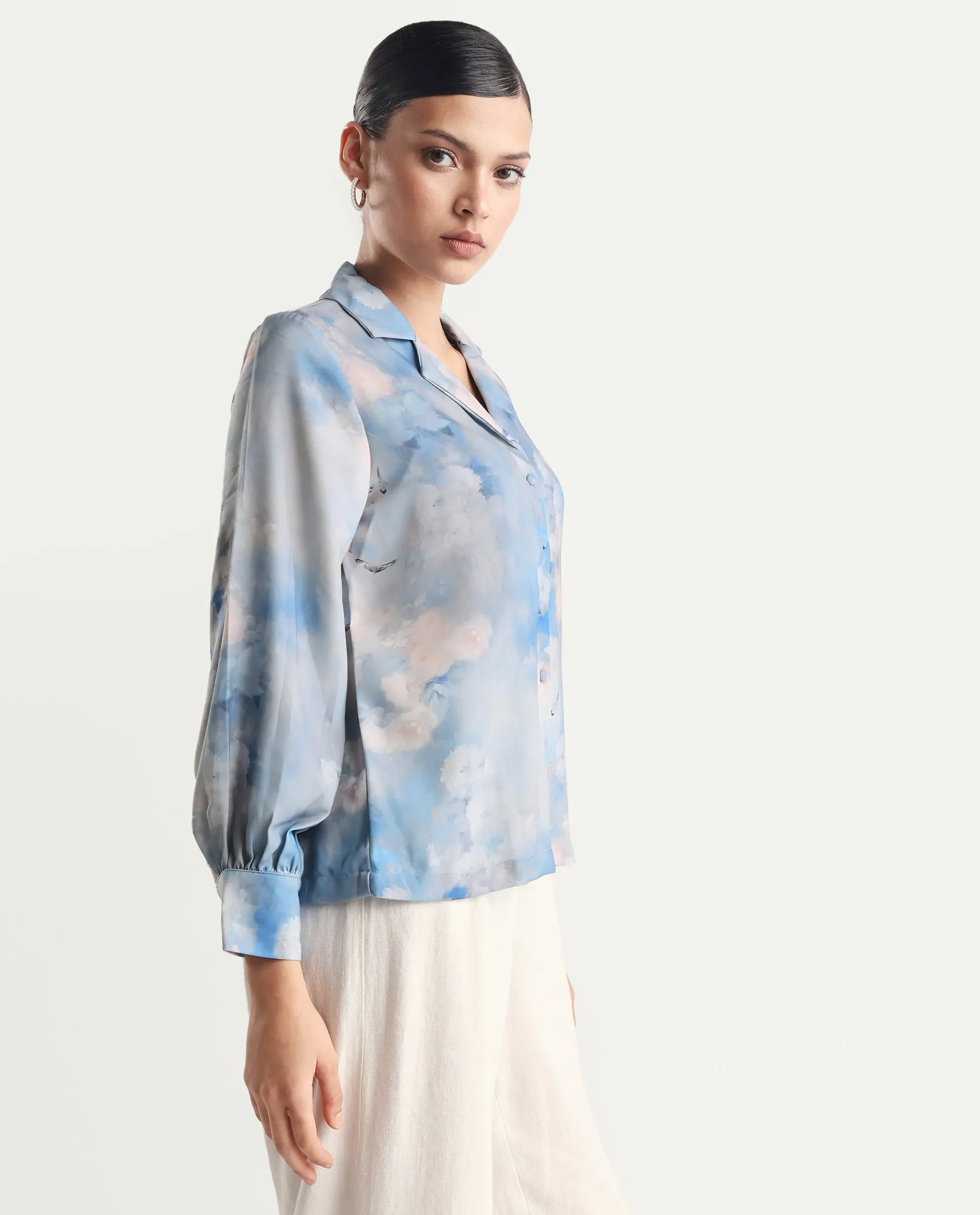 Rareism Women's Setecannet Blue Cotton Lapel Neck Floral Print Bishop Sleeve Regular Fit Top - Image 6