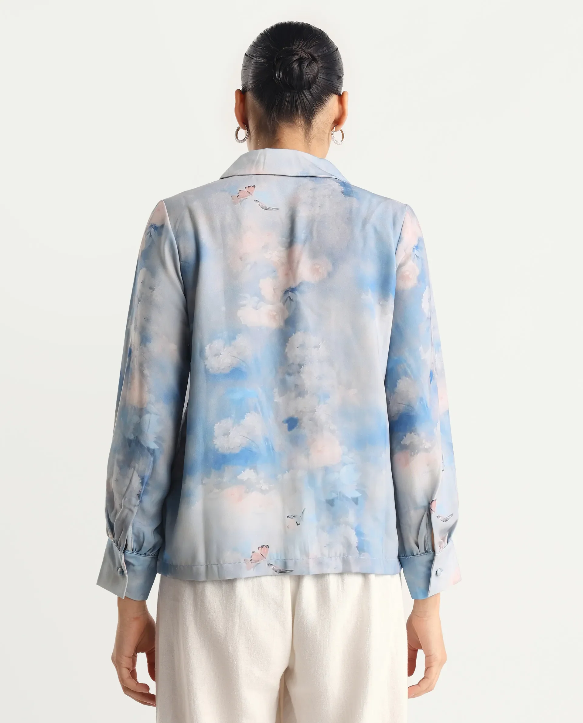 Rareism Women's Setecannet Blue Cotton Lapel Neck Floral Print Bishop Sleeve Regular Fit Top - Image 7