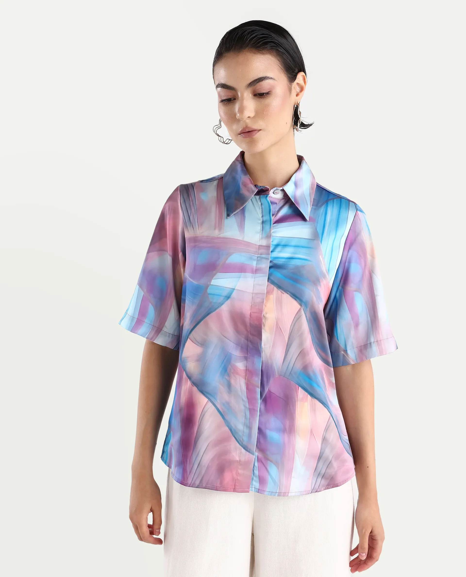 Rareism Women's Setimio Multi Satin Drop Collar Abstract Print Regular Fit Shirt - Image 3
