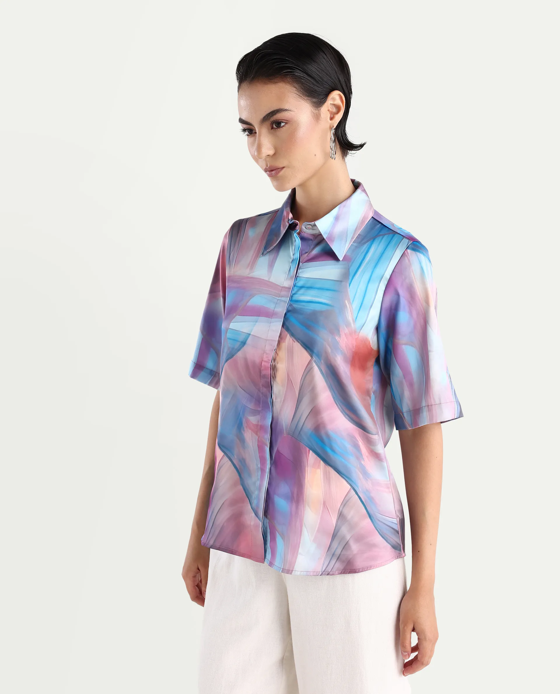 Rareism Women's Setimio Multi Satin Drop Collar Abstract Print Regular Fit Shirt - Image 5
