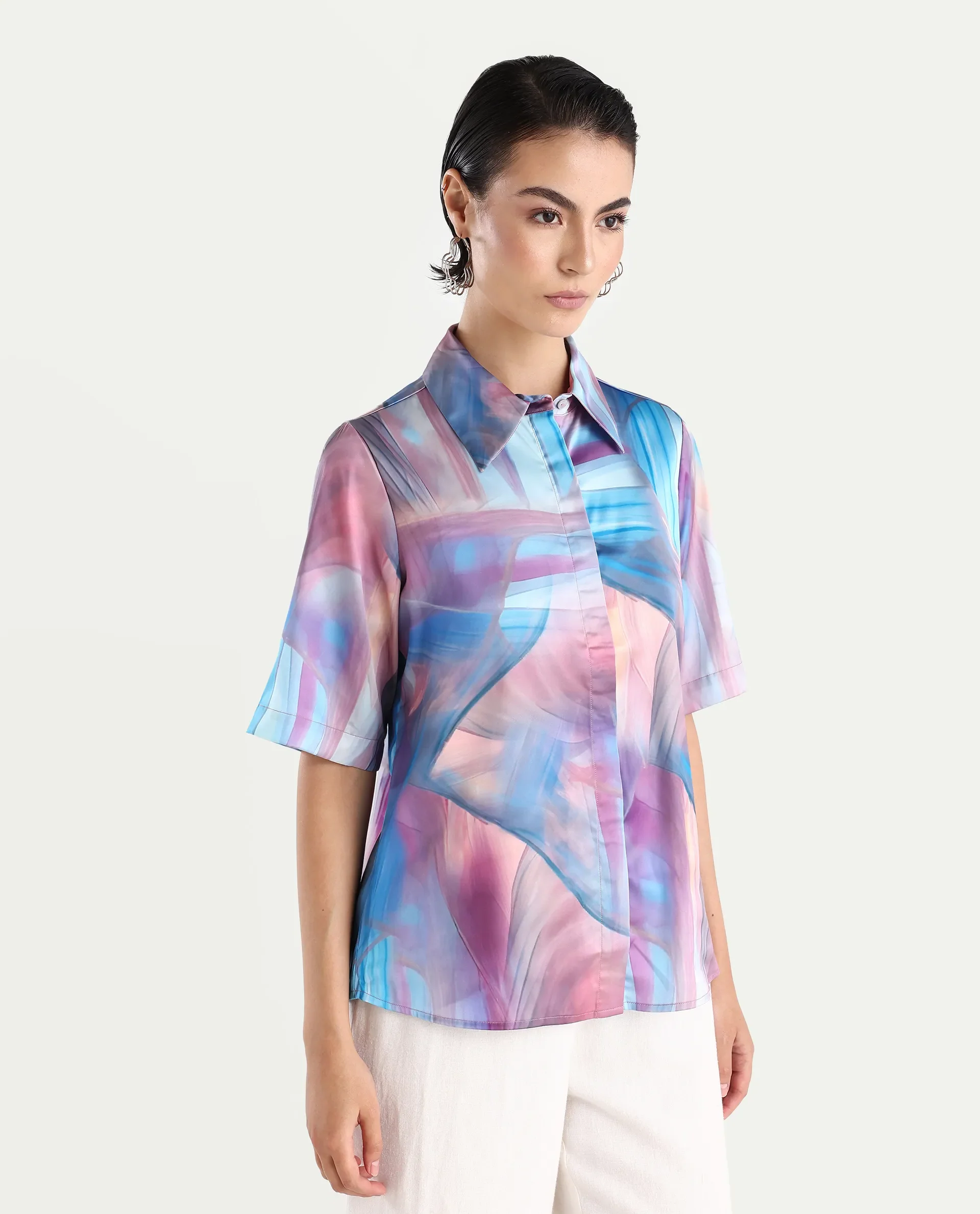 Rareism Women's Setimio Multi Satin Drop Collar Abstract Print Regular Fit Shirt - Image 6