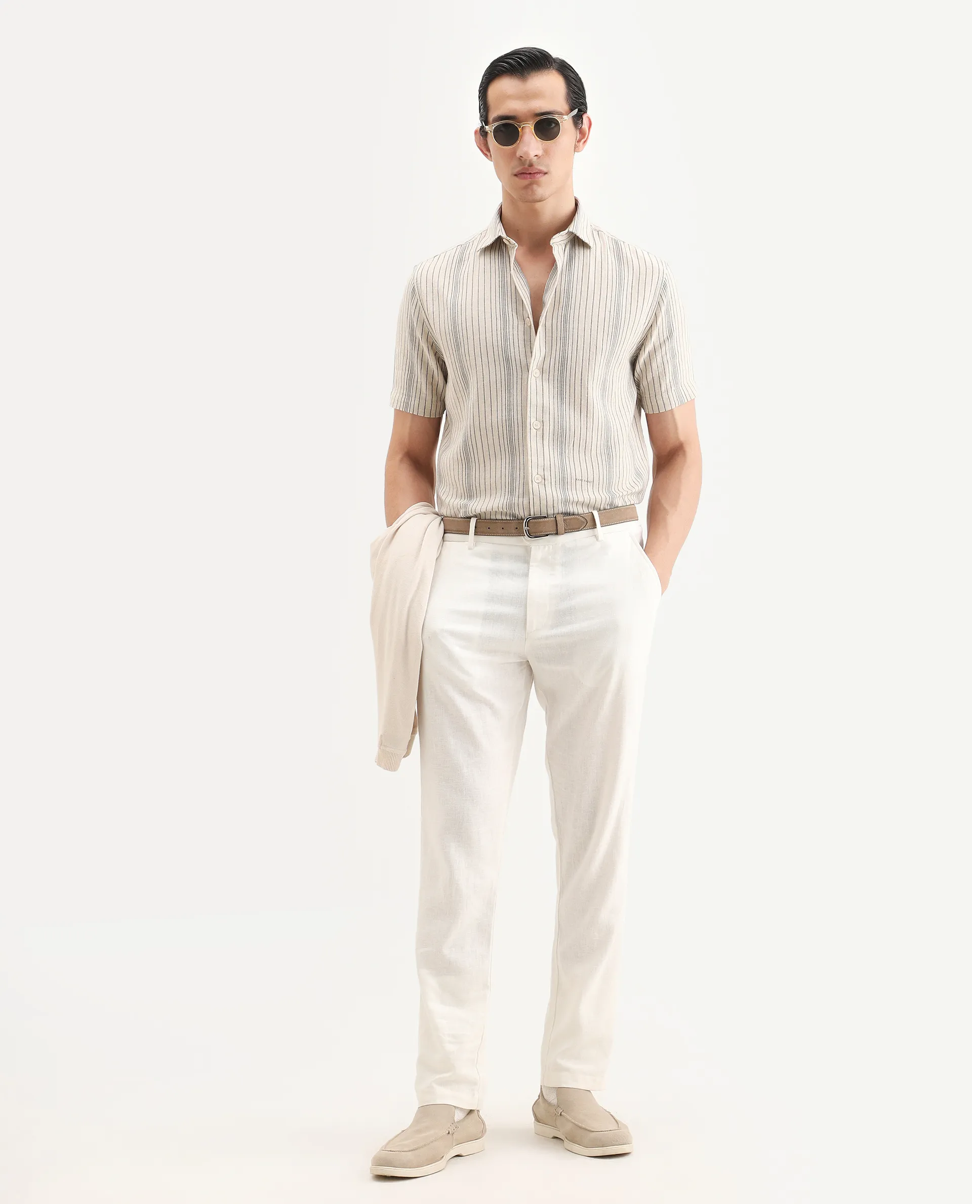 Rare Rabbit Men's Seton Beige Linen Blend Fabric Half Sleeve Spread Collar Regular Fit Striped Shirt - Image 2