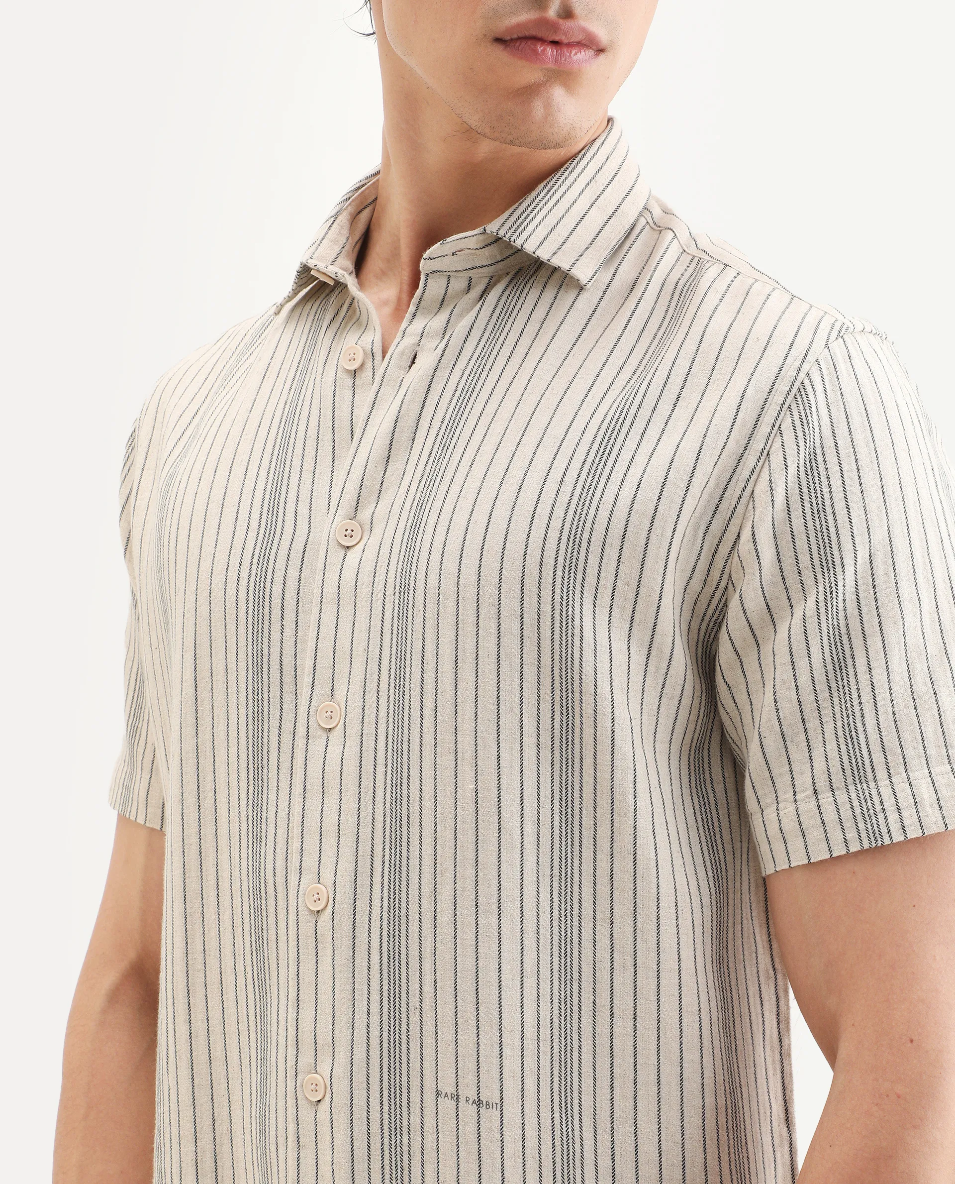 Rare Rabbit Men's Seton Beige Linen Blend Fabric Half Sleeve Spread Collar Regular Fit Striped Shirt - Image 3